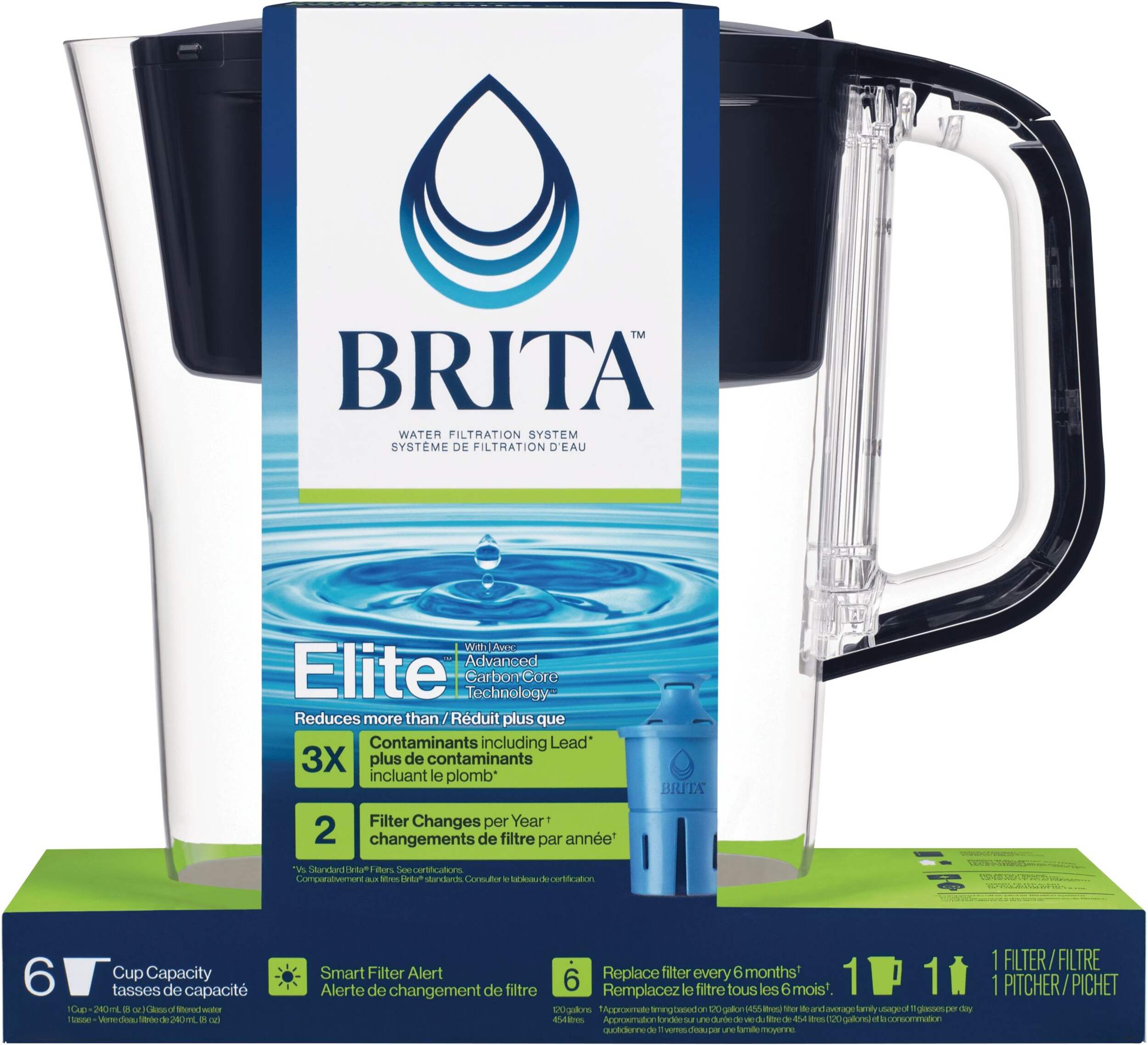 Brita® Denali Water Filter Pitcher with Elite Filter, BPA Free, 6 Cup, Black Front_Flat