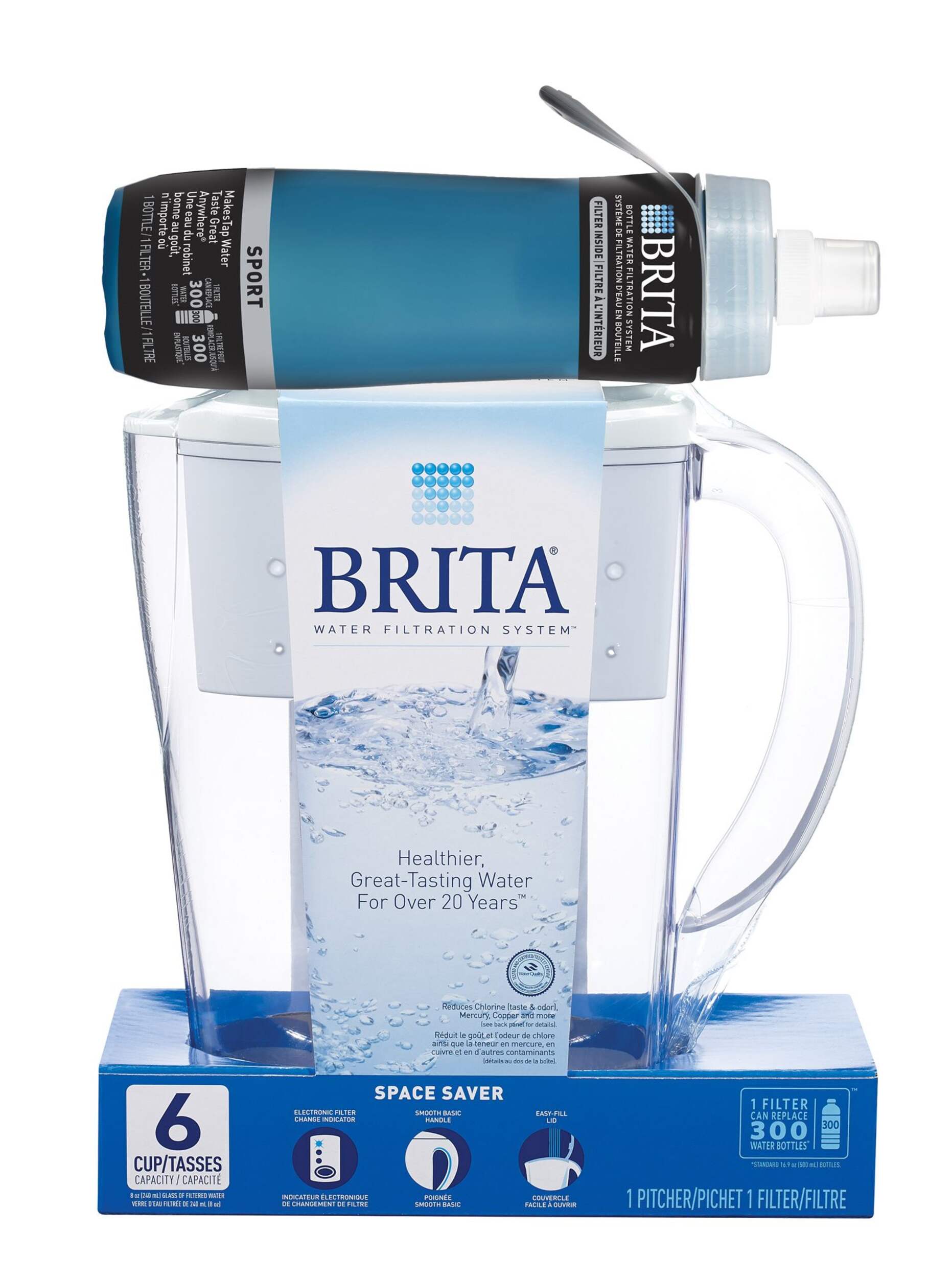 Brita Space Saver Pitcher with Water Bottle Front_Flat