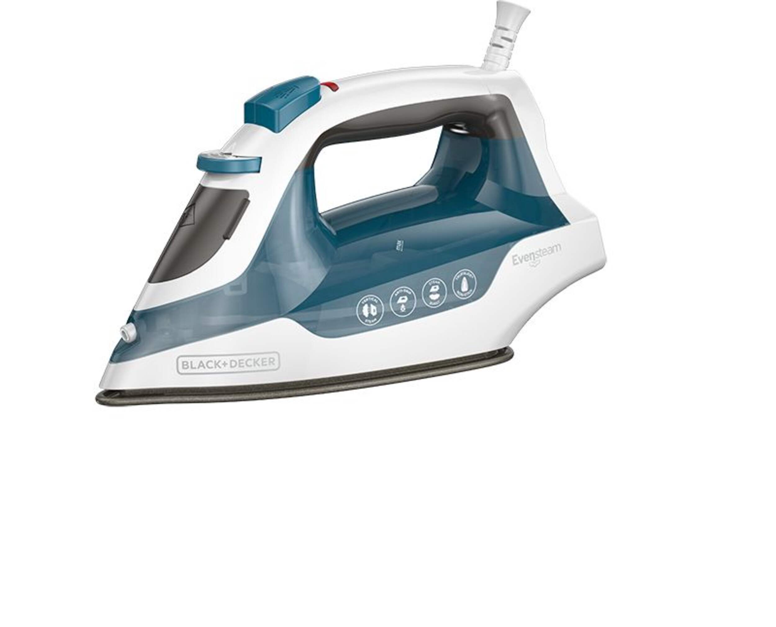 Black & Decker 1200W Compact Steam Iron with Non-Stick Soleplate, Blue/White Front_Three_Fourths_Angled_Left