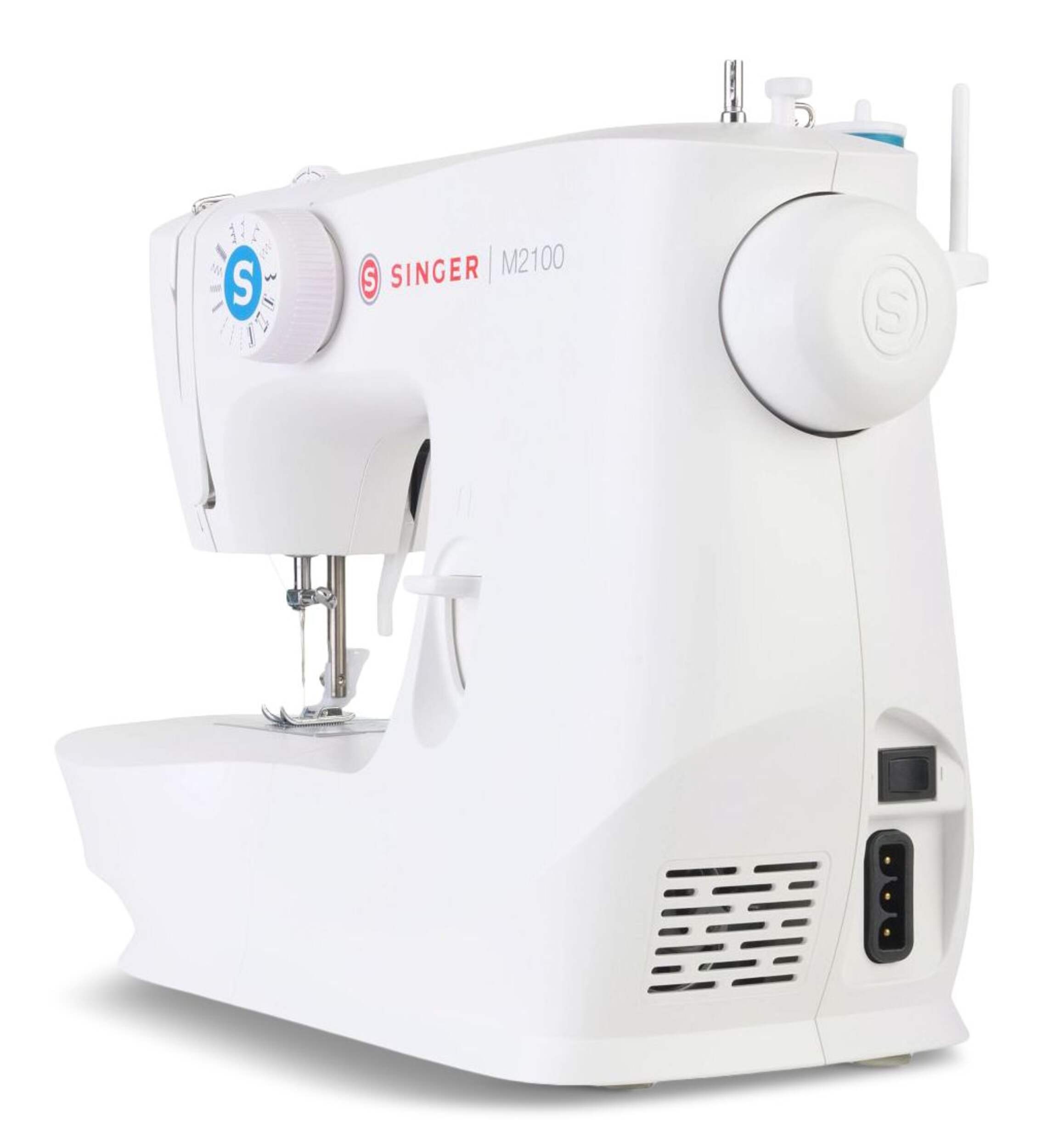 Singer M2100 Sewing Machine with 8 Stitches and 4 Step Buttonhole, Accessories & Dust Cover Included Front_Three_Fourths_Angled_Left