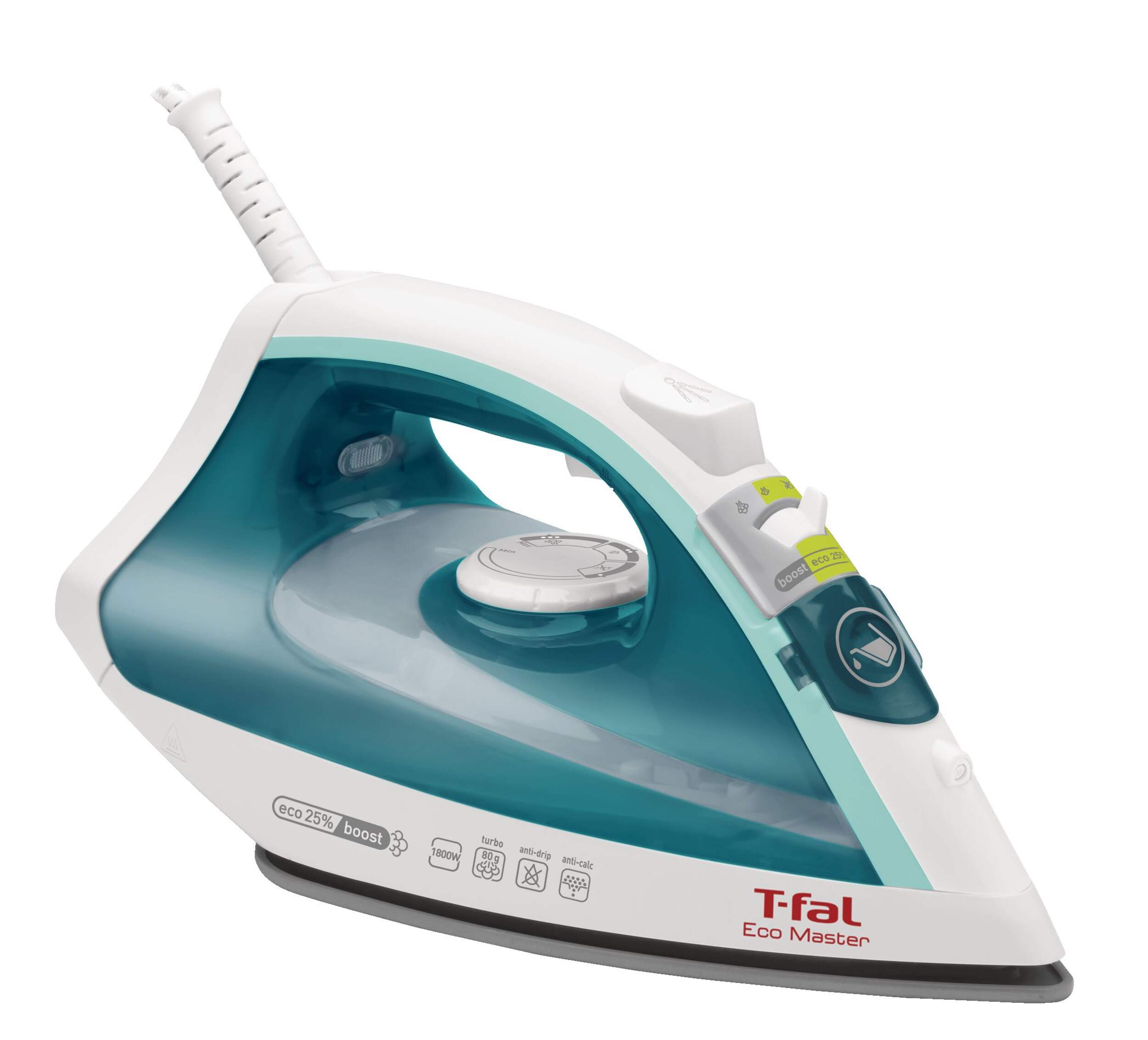 T-fal 1400W Compact Steam Iron with Ceramic Soleplate, White/Green Front_Three_Fourths_Angled_Right