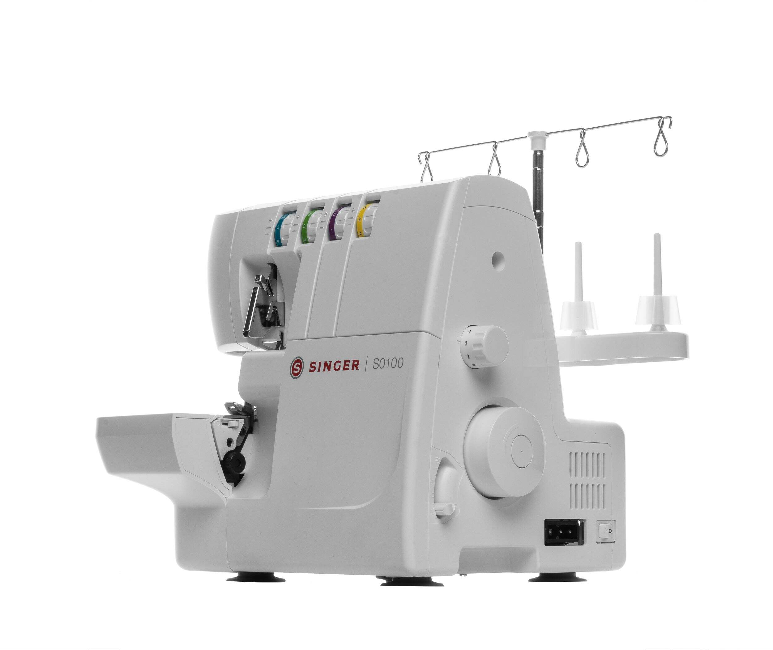 Singer S0100 Serger Sewing Machine with 2/3/4 Thread Stitches, 6 Stitch Types, Accessories Included Front_Three_Fourths_Angled_Left