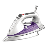 Black & Decker Iron, 1500W Pro Steam Iron with Stainless Steel Soleplate and Auto Shutoff, White/Purple Front_Three_Fourths_Angled_Left