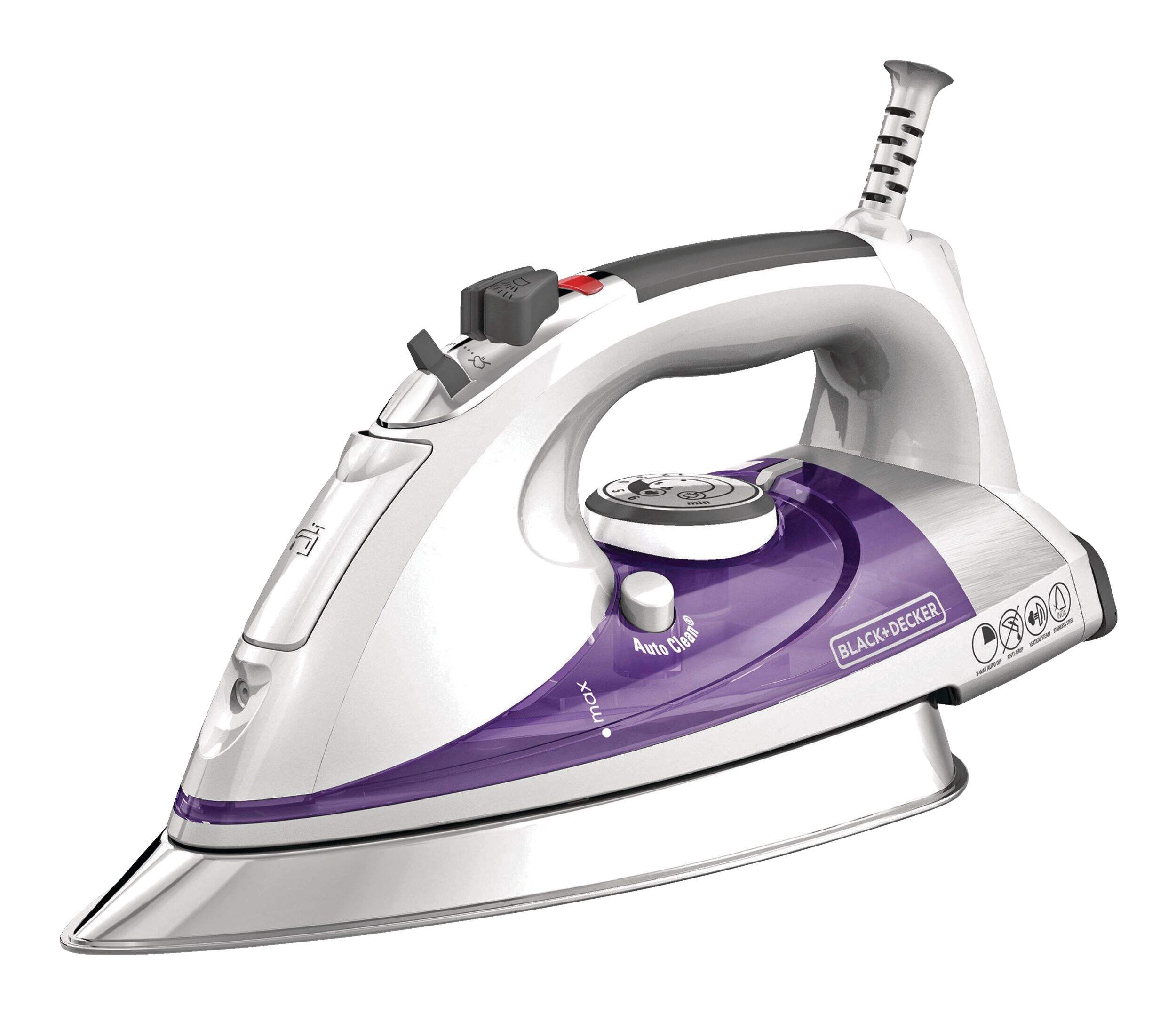 Black & Decker Iron, 1500W Pro Steam Iron with Stainless Steel Soleplate and Auto Shutoff, White/Purple Front_Three_Fourths_Angled_Left