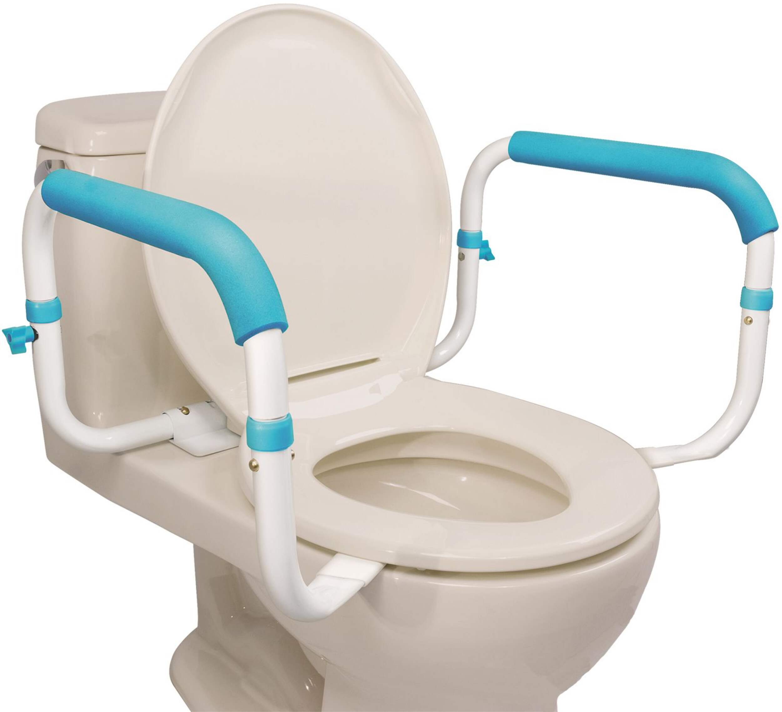 AquaSense Toilet Safety Rails Frame with Height Adjustable Padded Armrests/Grab Bars, White Front_Angled_Right