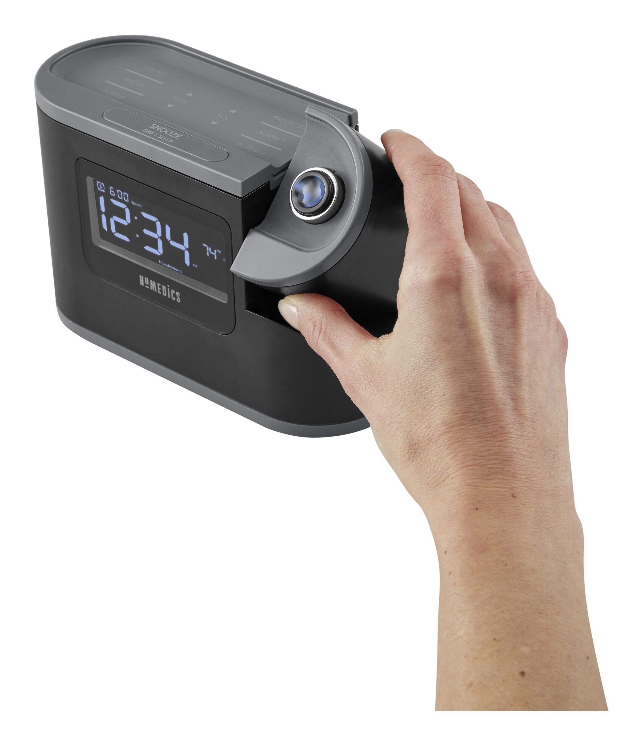 HoMedics SoundSpa Recharged Digital Projection Alarm Clock Radio & White Noise Sound Machine Front_Three_Fourths_Angled_Left