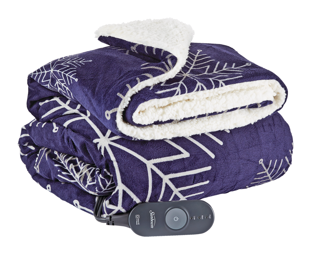 Sunbeam MicroMink/Sherpa Heated Throw Blanket, Blue Snowflake