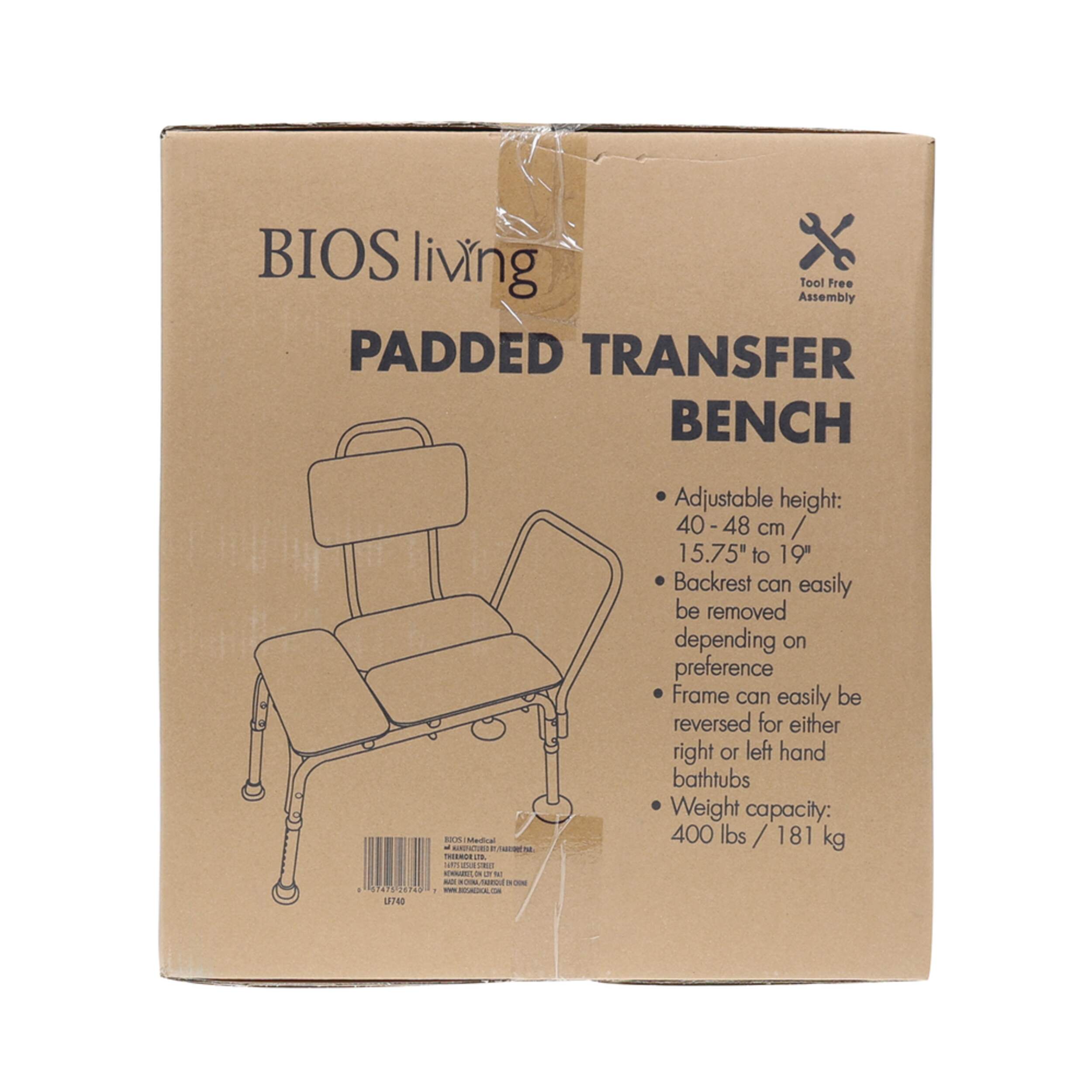 Bios Height Adjustable Bathtub & Shower Transfer Padded Bench/Chair