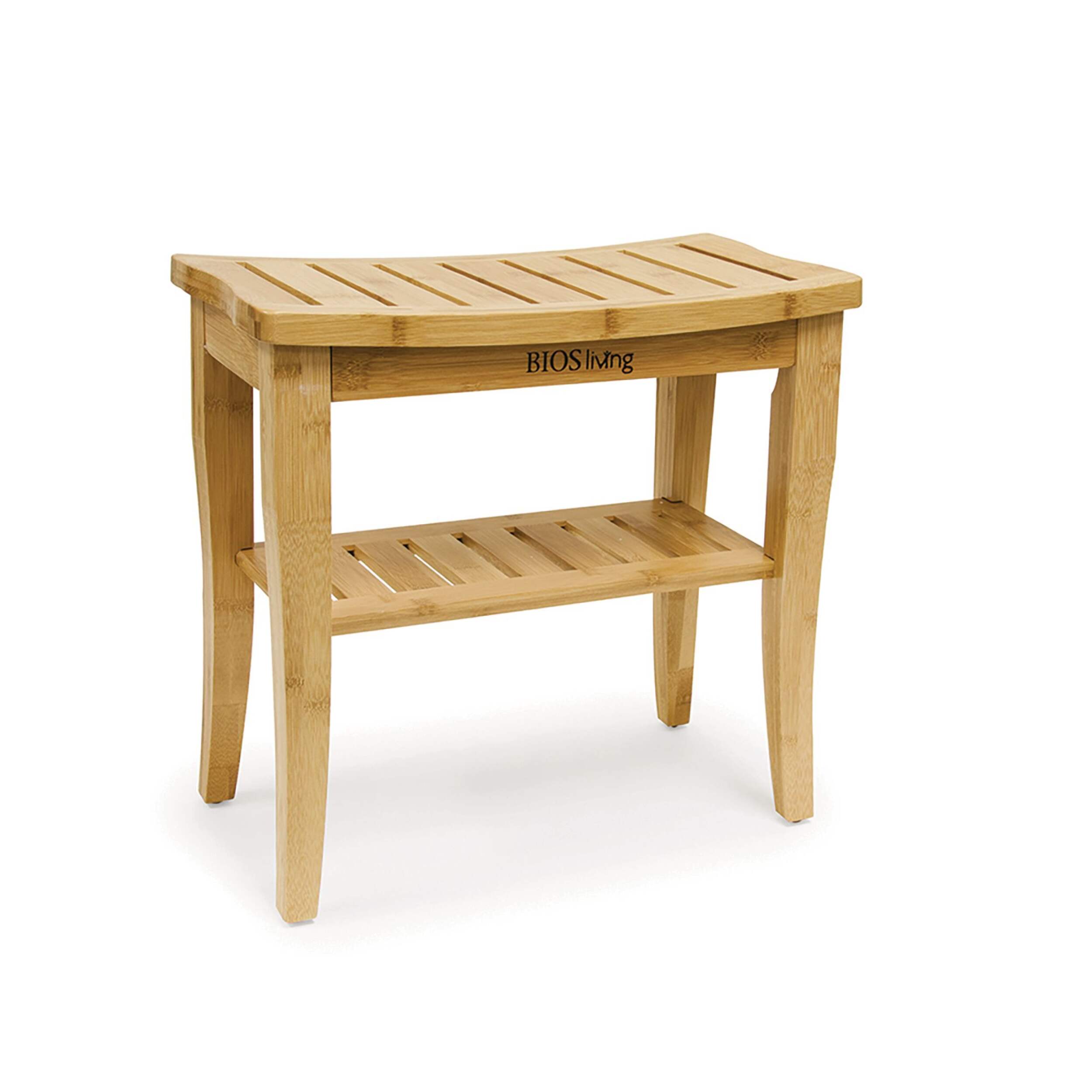 Banc de douche en bambou BIOS Living avec tablette pour salle de bain et sauna, 48 cm (19 po) de hauteur Front_Angled_Right