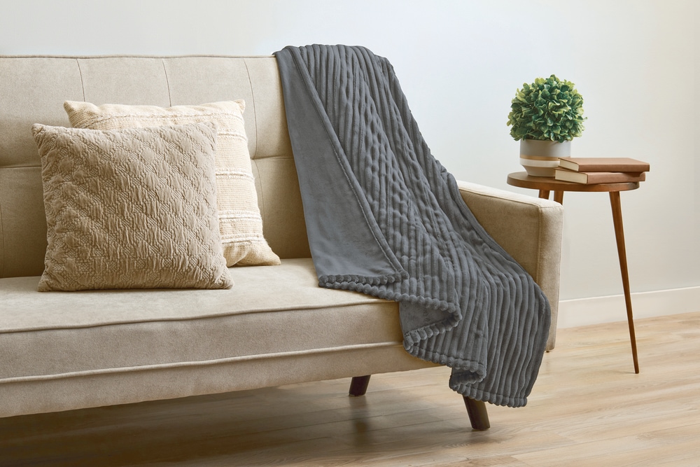Sunbeam Plush Ribbed Velvet Electric Heated Throw Blanket with 3Hour AutoOff, Slate Grey