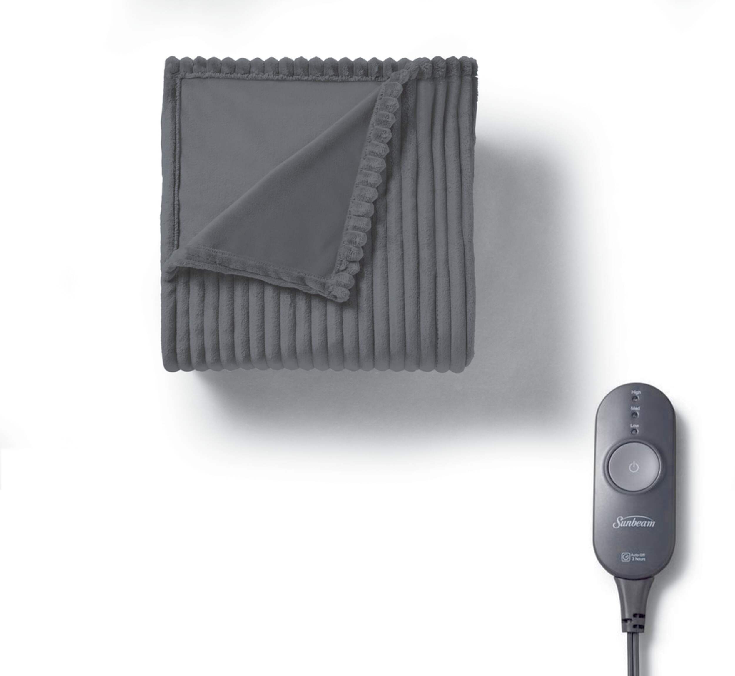 Sunbeam Plush Ribbed Velvet Electric Heated Throw Blanket with 3Hour