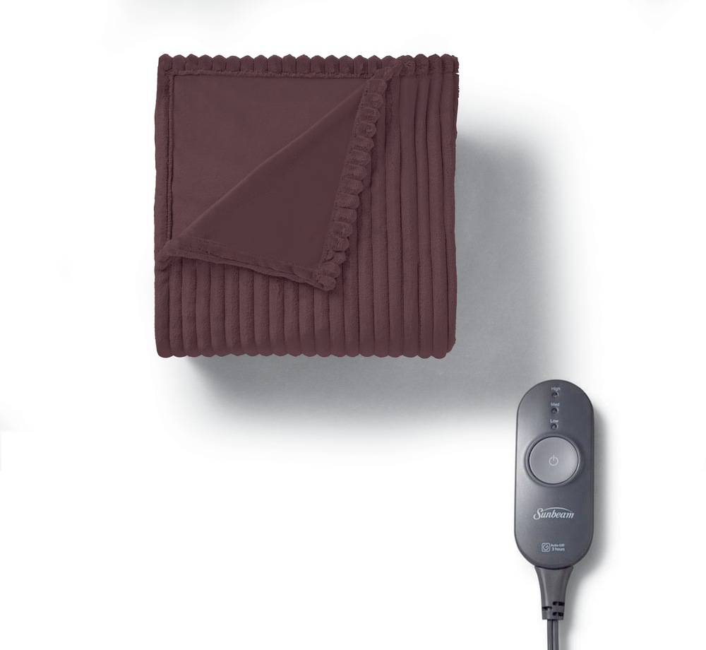 Sunbeam Plush Ribbed Velvet Electric Heated Throw Blanket with 3Hour