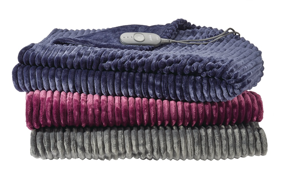 Sunbeam Plush Ribbed Velvet Electric Heated Throw Blanket with 3Hour AutoOff, Maritime Blue