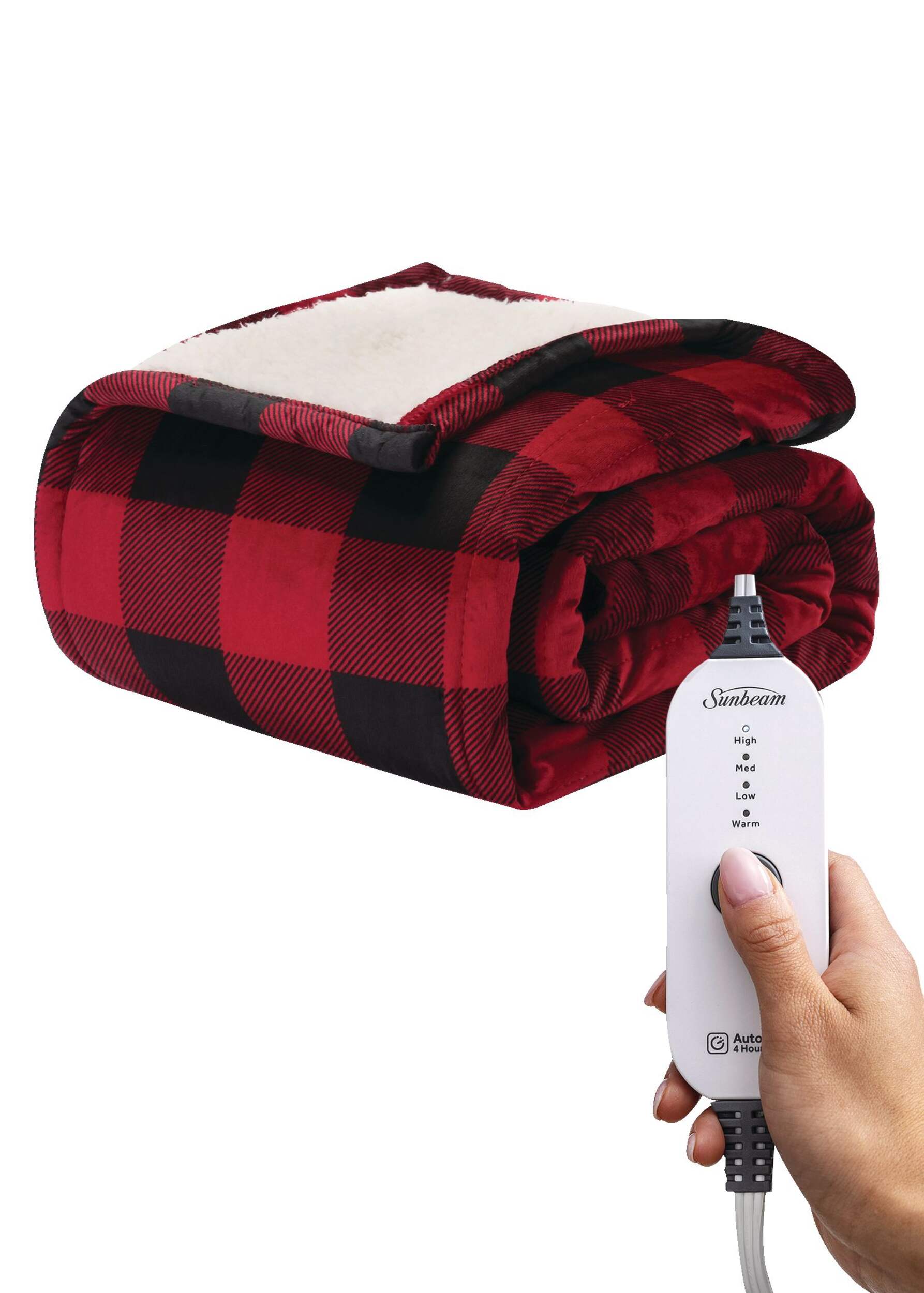 Sunbeam Royal Mink/Sherpa Heated Throw, Red Black Buffalo Plaid