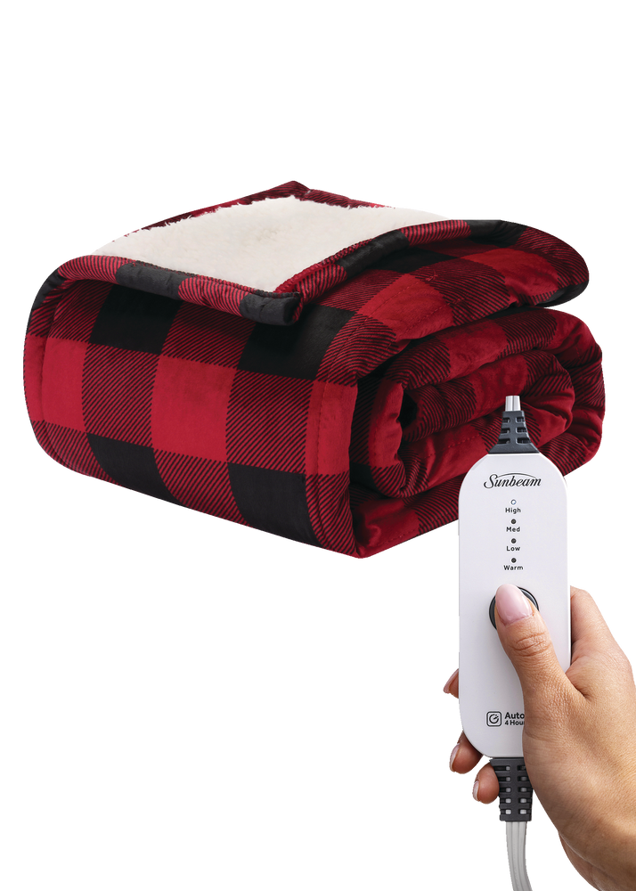 Sunbeam Royal Mink/Sherpa Heated Throw, Red Black Buffalo Plaid