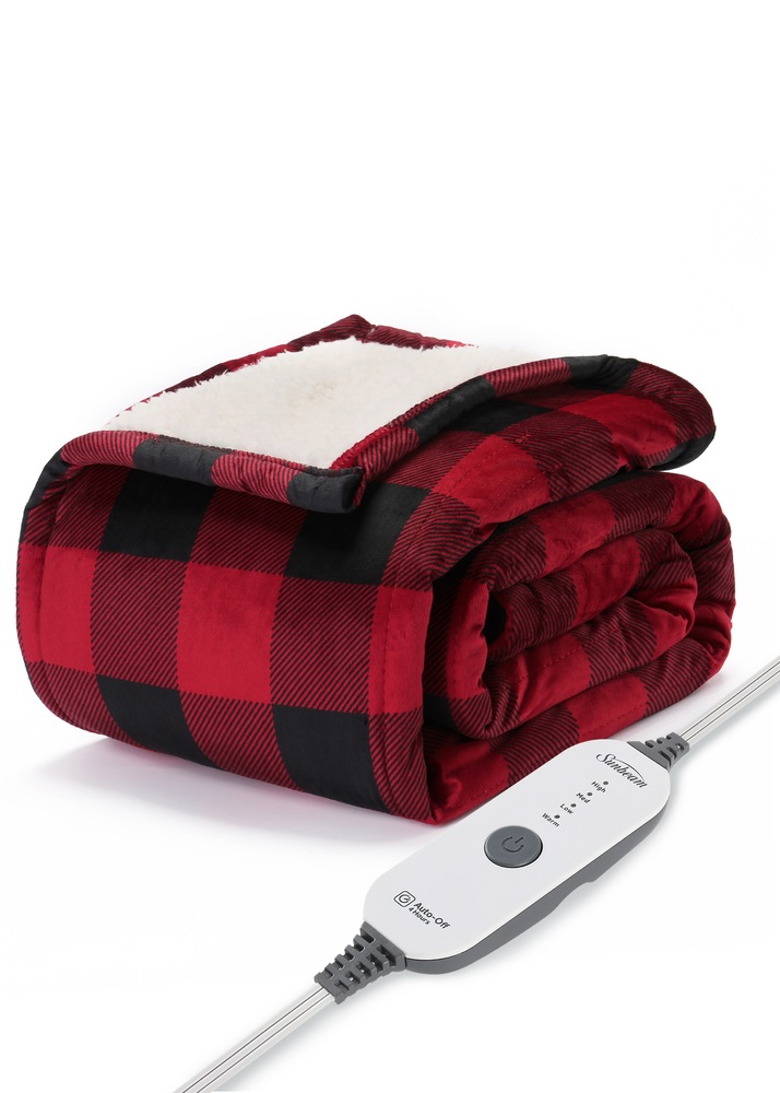 Sunbeam Royal Mink/Sherpa Heated Throw, Red Black Buffalo Plaid