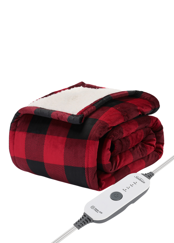 Sunbeam Royal Mink/Sherpa Heated Throw, Red Black Buffalo Plaid