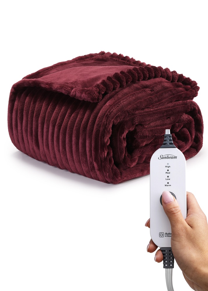 Sunbeam Textured Velvet Heated Throw, Bordeaux Canadian Tire
