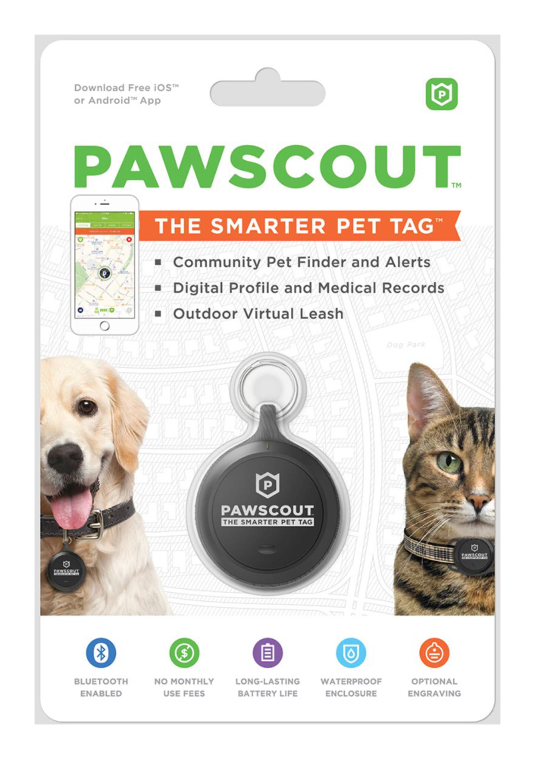 Pawscout Smart Bluetooth Pet Tag and Tracker, Includes Battery, Waterproof Front_Flat