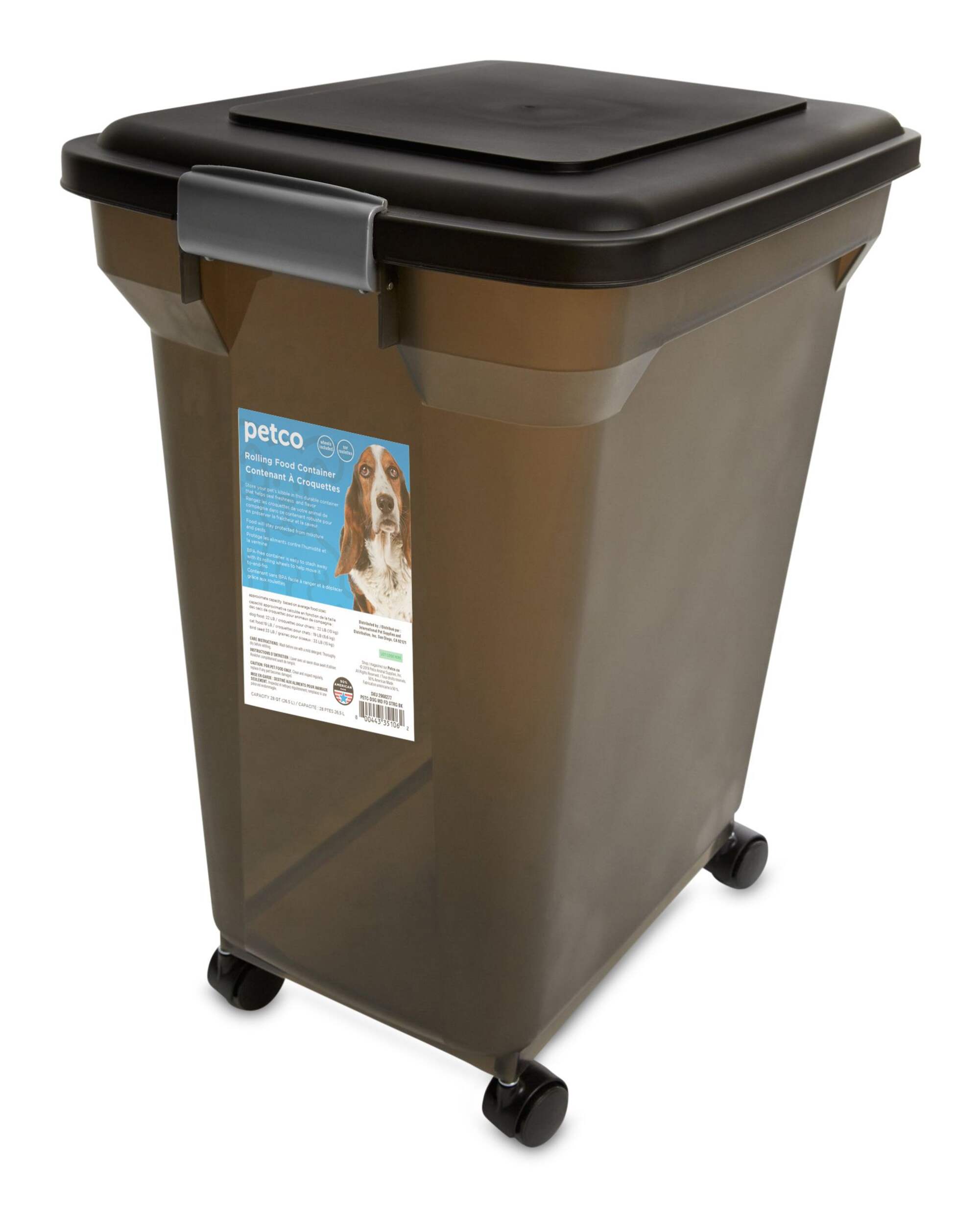 Petco Rolling Pet Food Storage Container, Plastic, Black, 26.5-L Front_Angled_Left