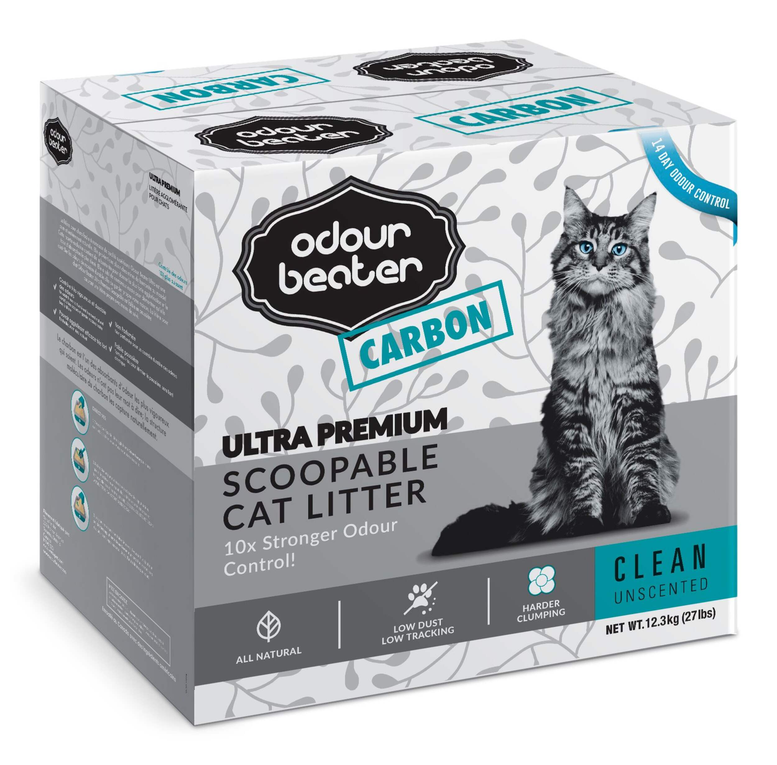 Odour Beater Ultra Premium Scoopable Clumping Cat Litter, Unscented with Carbon, 12.3-kg Front_Three_Fourths_Angled_Right