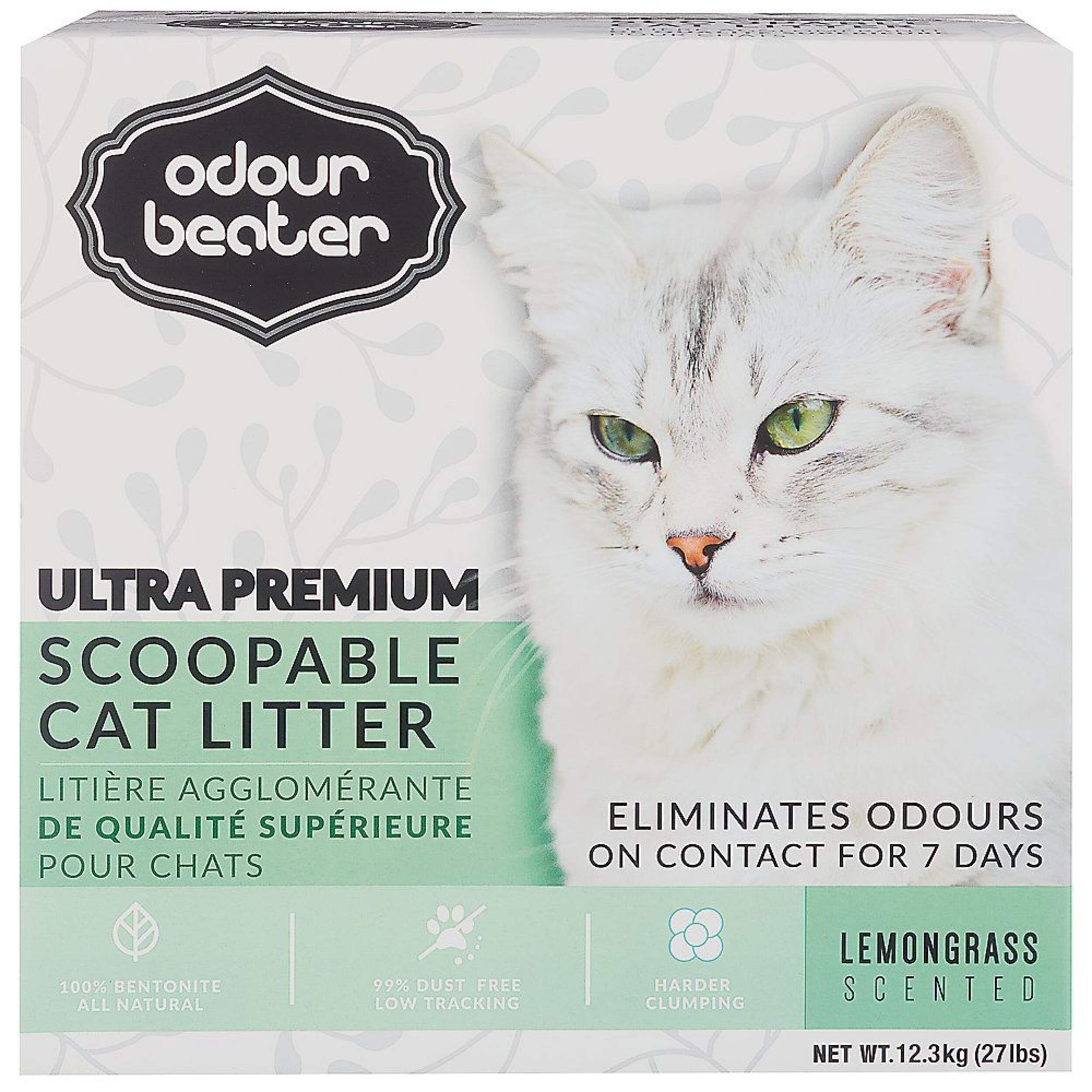Odour Beater Ultra Premium Scoopable Clumping Cat Litter, Lemongrass Scent, 12.3-kg Front_Elevated
