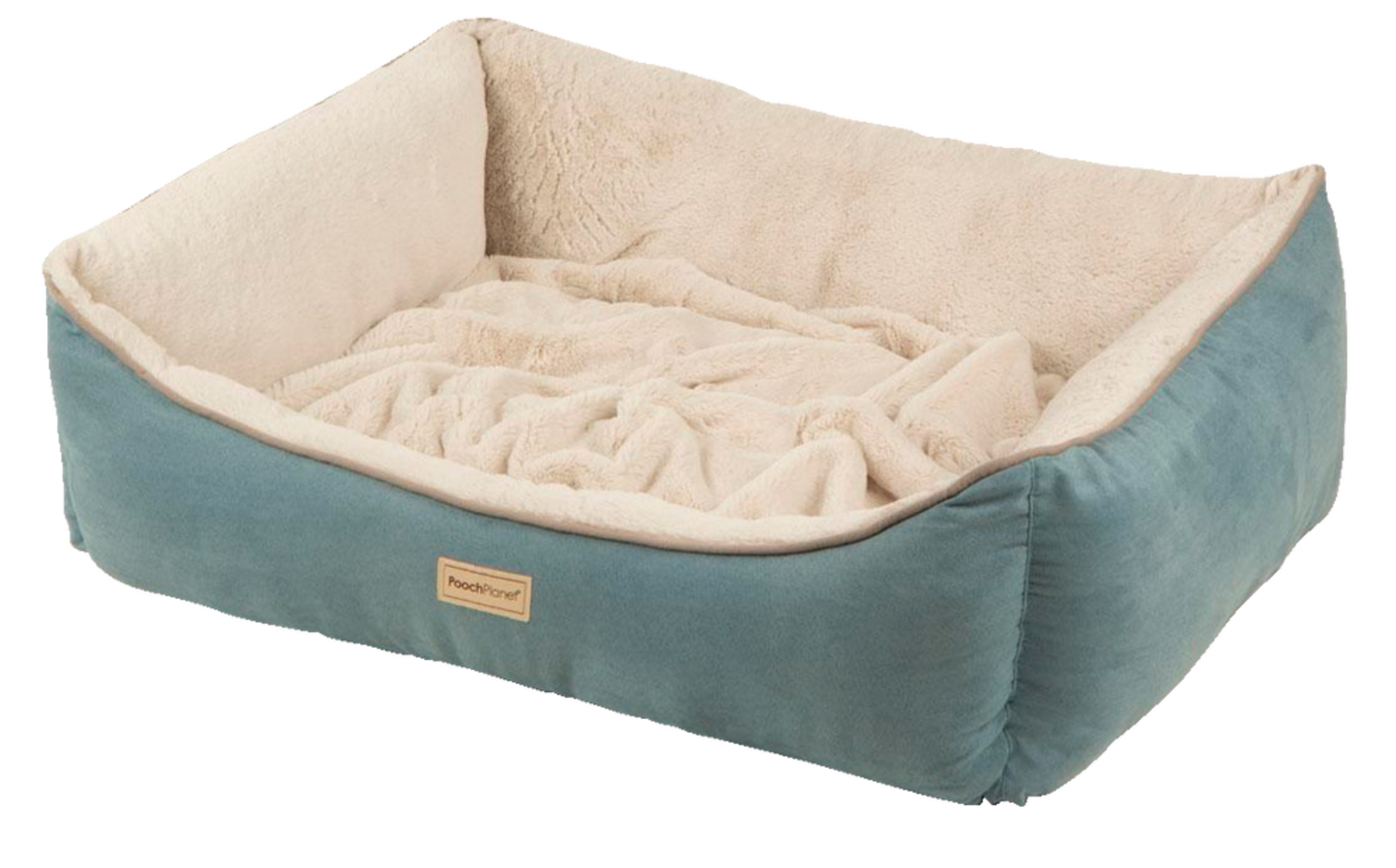 TrustyPup Pooch Planet Burrow Bliss Rectangle Pet Bed, Washable, 31-in x 23-in, Cream/Blue Front_Angled_Left