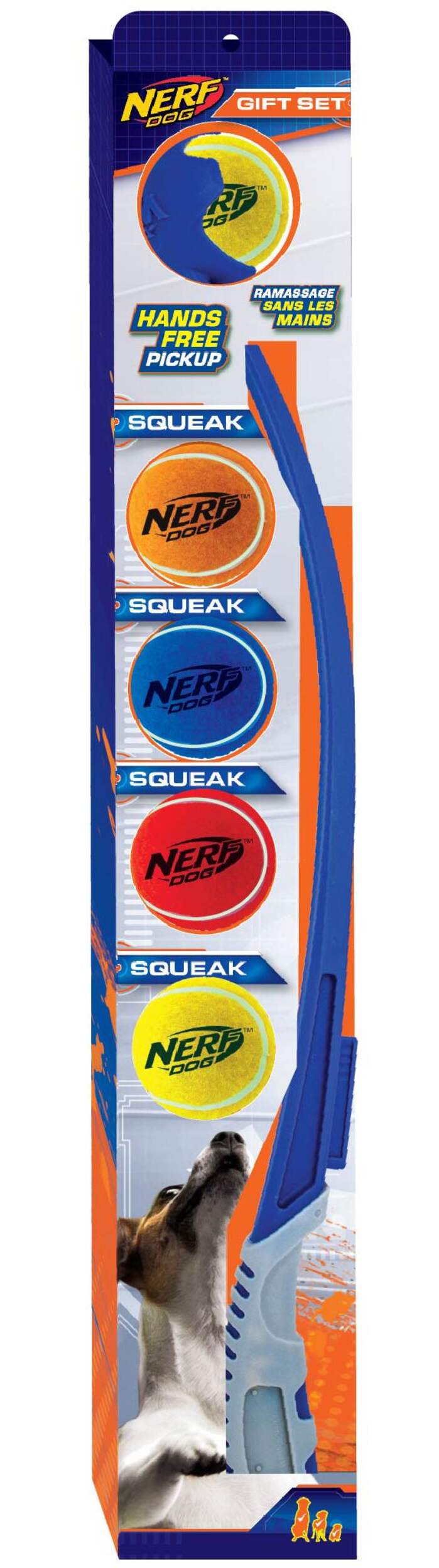 NerfDog Deluxe Dog Toy Gift Set with AirStrike Thrower and Squeak Balls, 5-pk Front_Flat