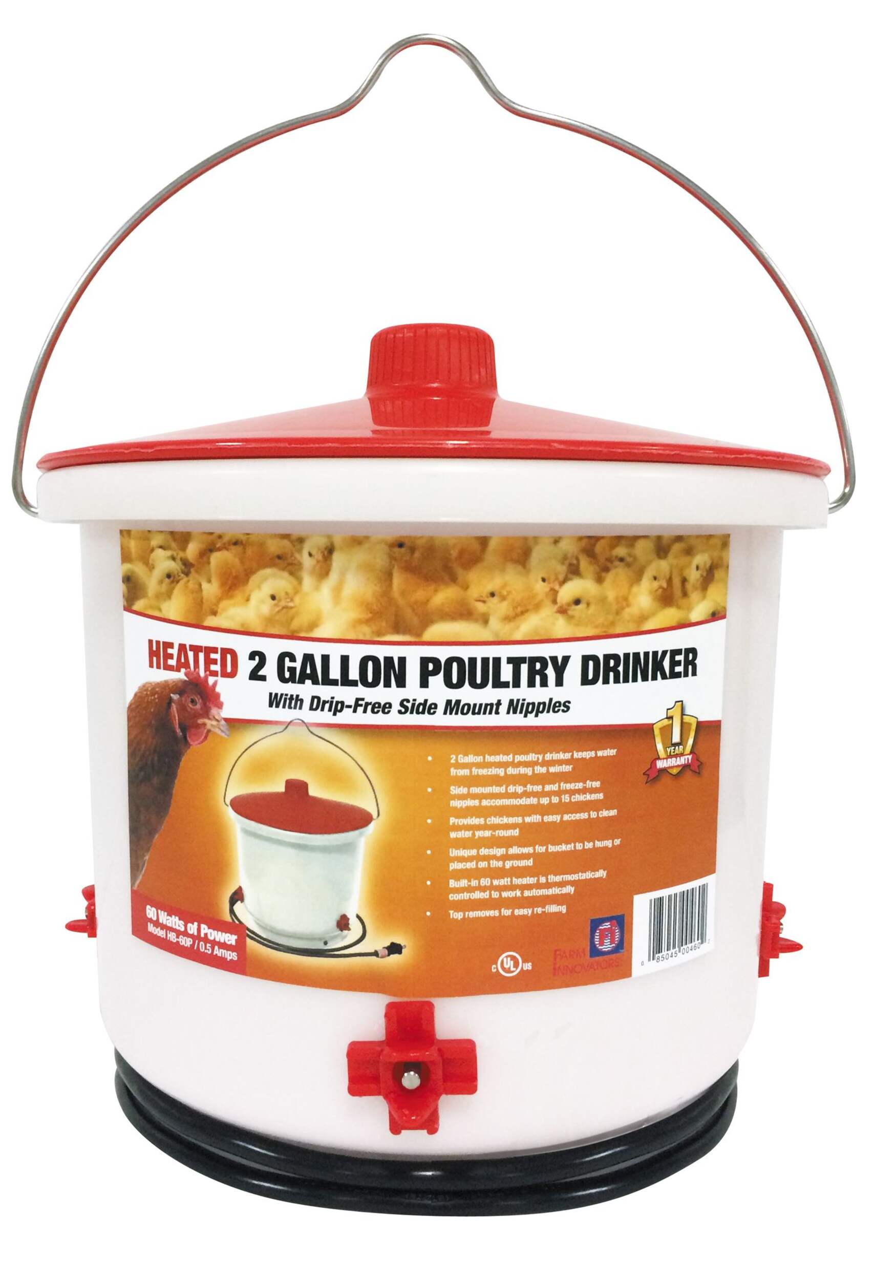 60W Hanging All-Season Heated Poultry Drinker, 2-Gal Front_Flat