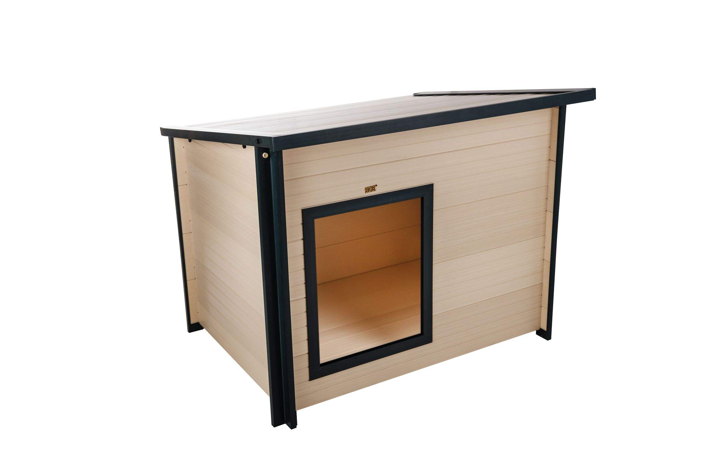 New Age Pet® ECOFLEX® Rustic Lodge Dog House with Roof, Maple, Medium Front_Three_Fourths_Angled_Right