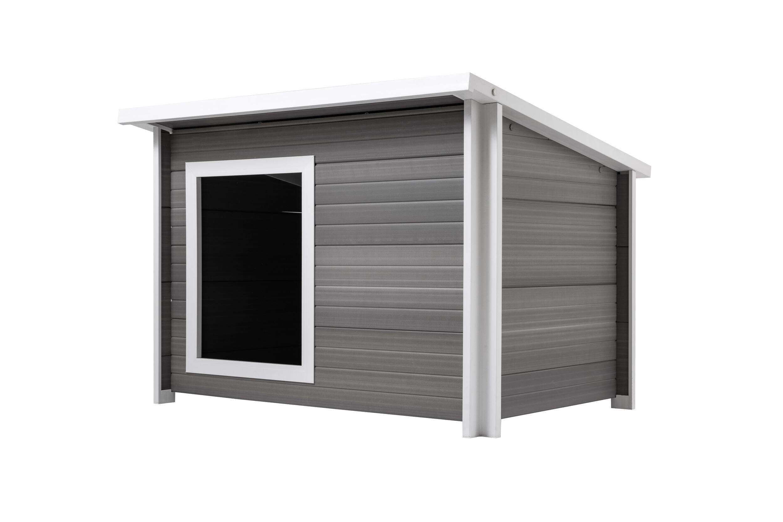 New Age Pet® ECOFLEX® Rustic Lodge Dog House with Roof, Grey, X-Large Front_Three_Fourths_Angled_Left