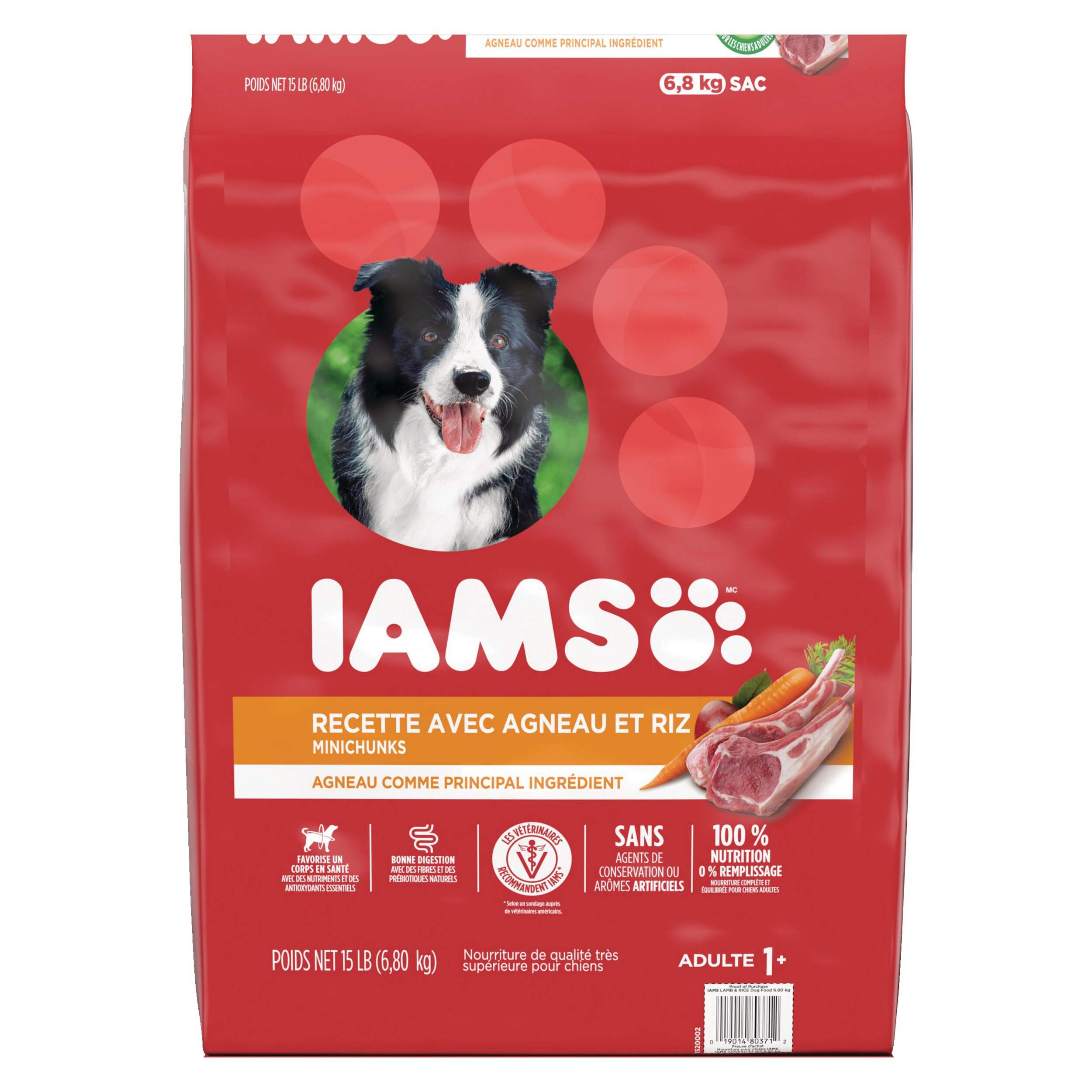 Nourriture sèche pour chiens adultes IAMS agneau et riz, 6,9 kg Front_Flat
