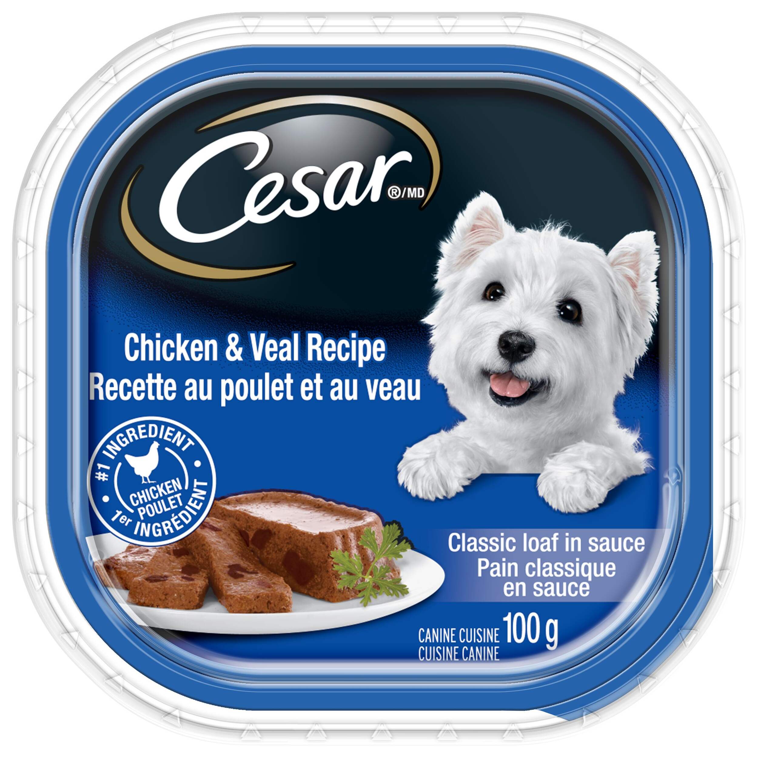 Nourriture humide pour chiens adultes Cesar Entrées, recette de poulet et veau, 100 g Front_Flat