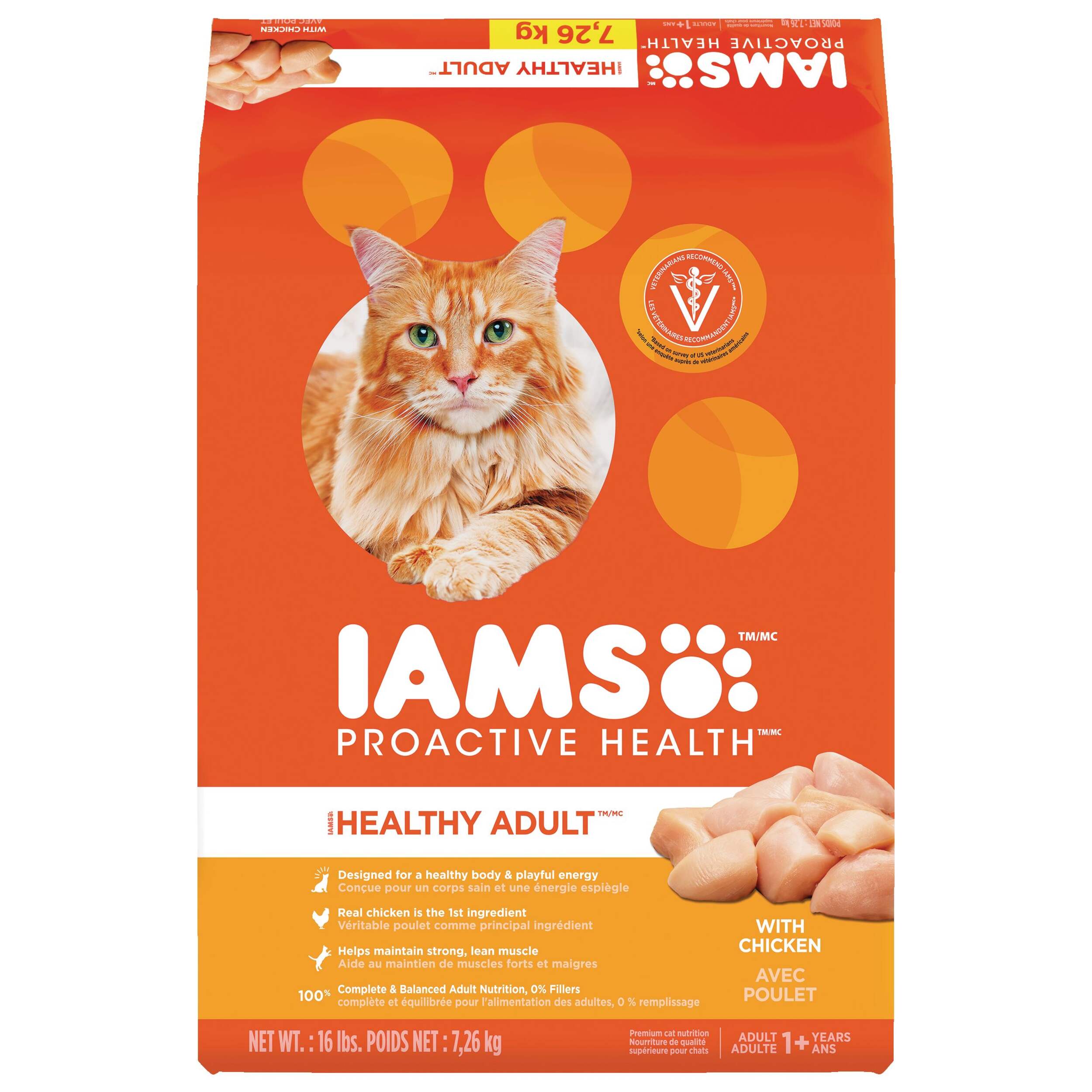 Nourriture sèche pour chats adultes IAMS Proactive Health avec poulet, 7,2 kg Front_Flat