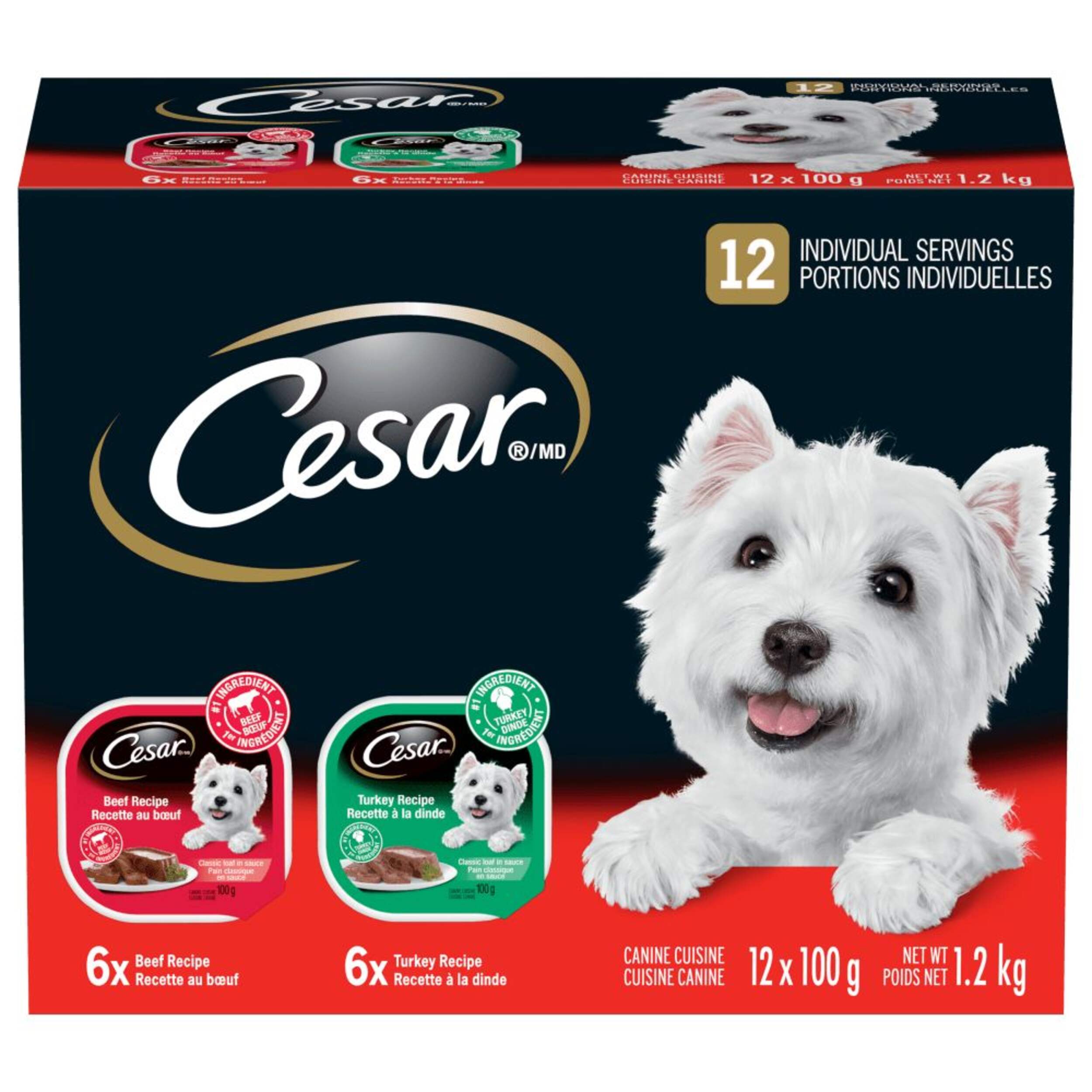 Nourriture humide pour chiens adultes Cesar Entrées, boeuf et dinde, 1,2 kg, paq. 12 Front_Elevated