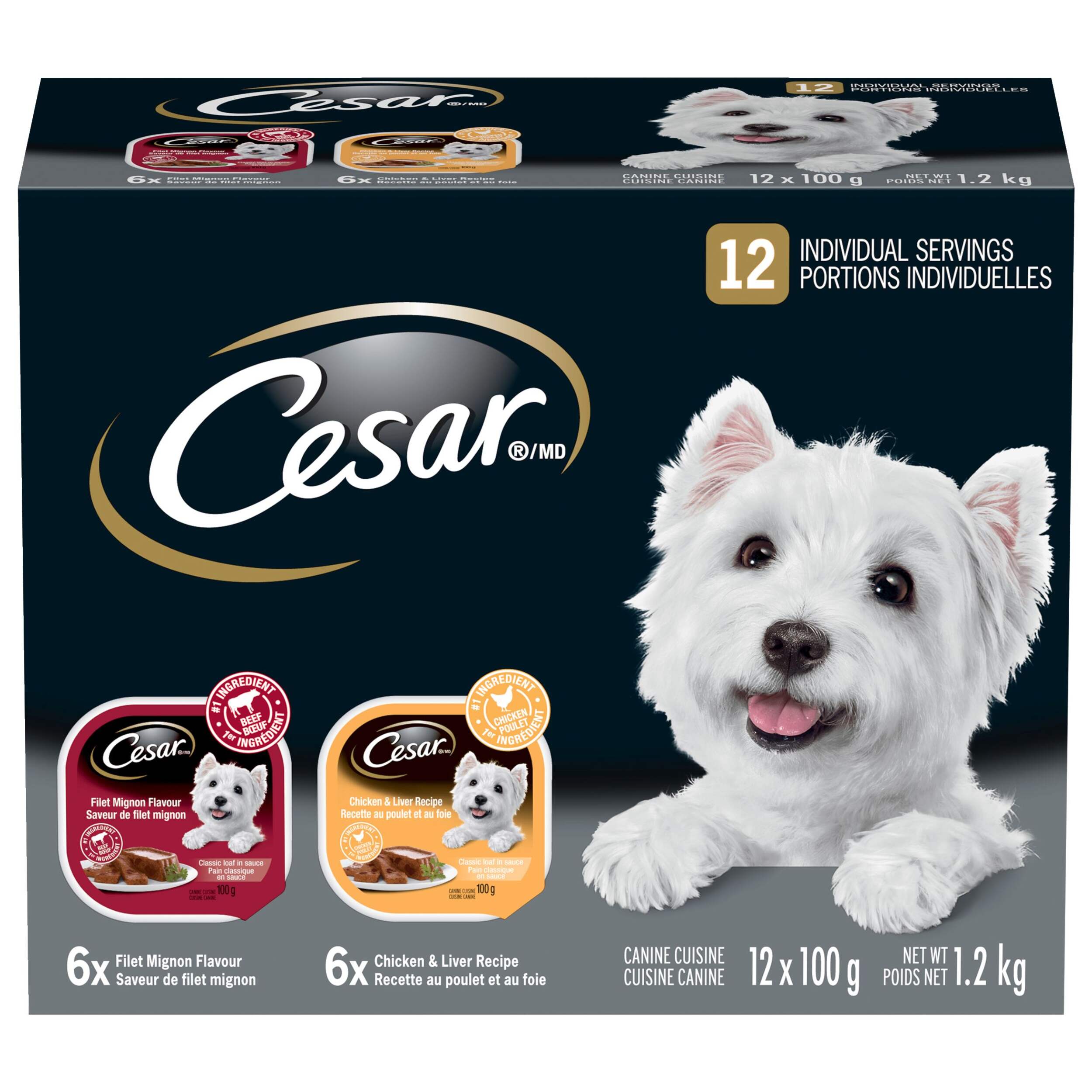 Nourriture humide pour chiens adultes Cesar Entrées, poulet et foie, 100 g, paq. 12 Front_Flat