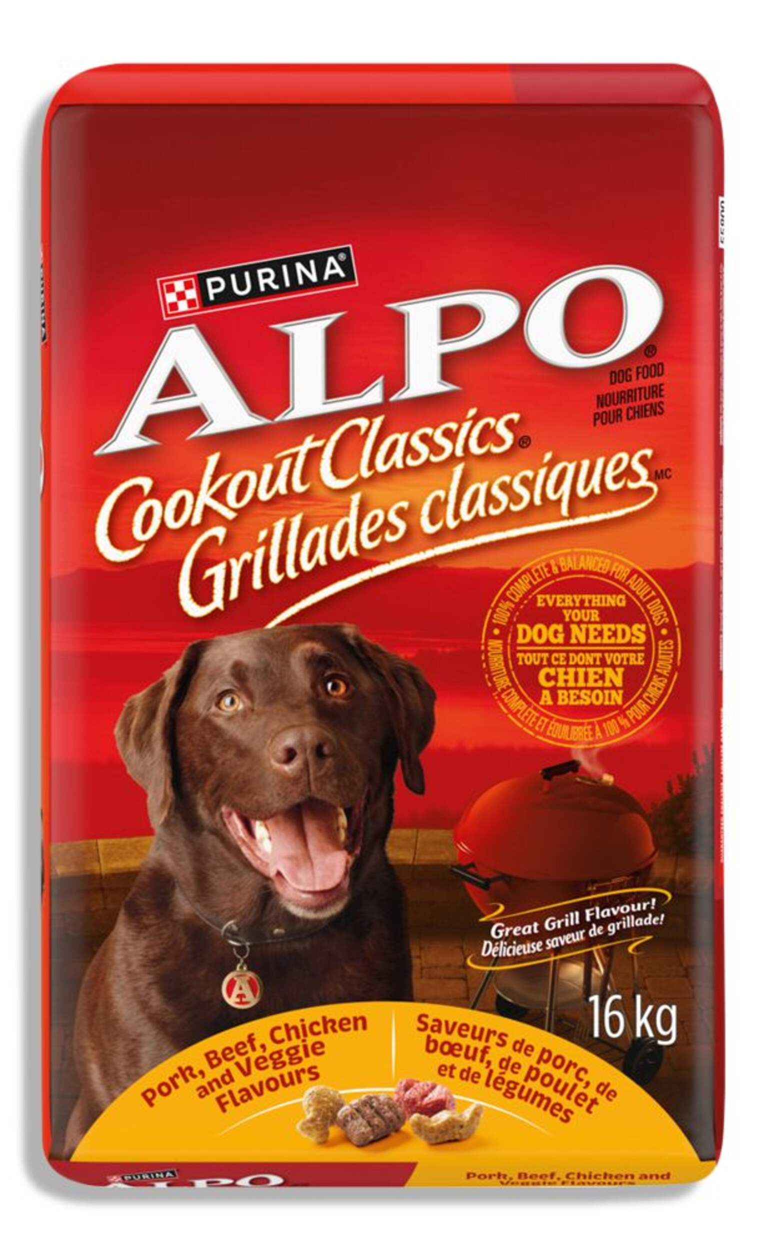 Nourriture sèche pour chiens adultes Purina Alpo Grillades classiques porc, boeuf, poulet et légumes, 16 kg Front_Flat