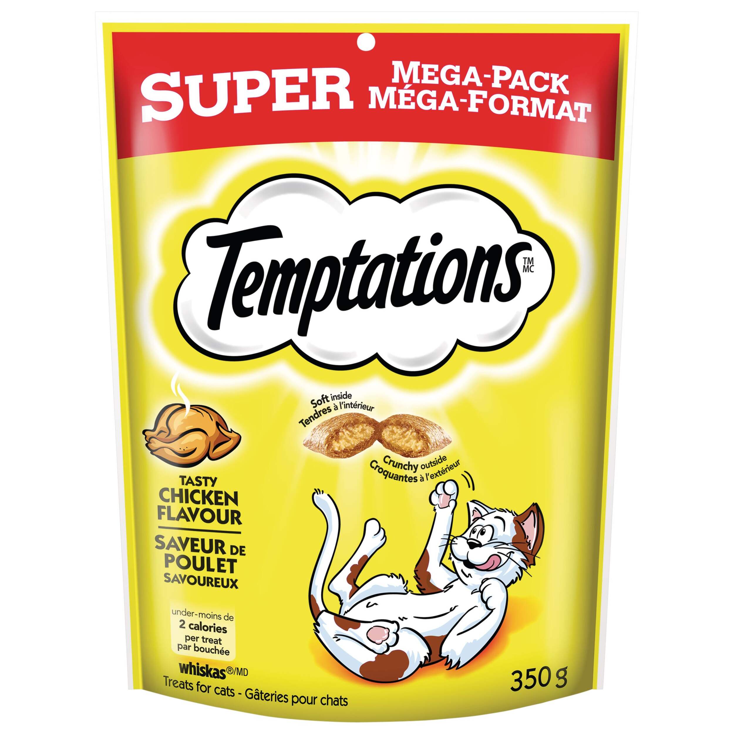 Gâteries pour chat classiques Whiskas Temptations à saveur de poulet délicieux, super format Mega, 350 g Front_Flat