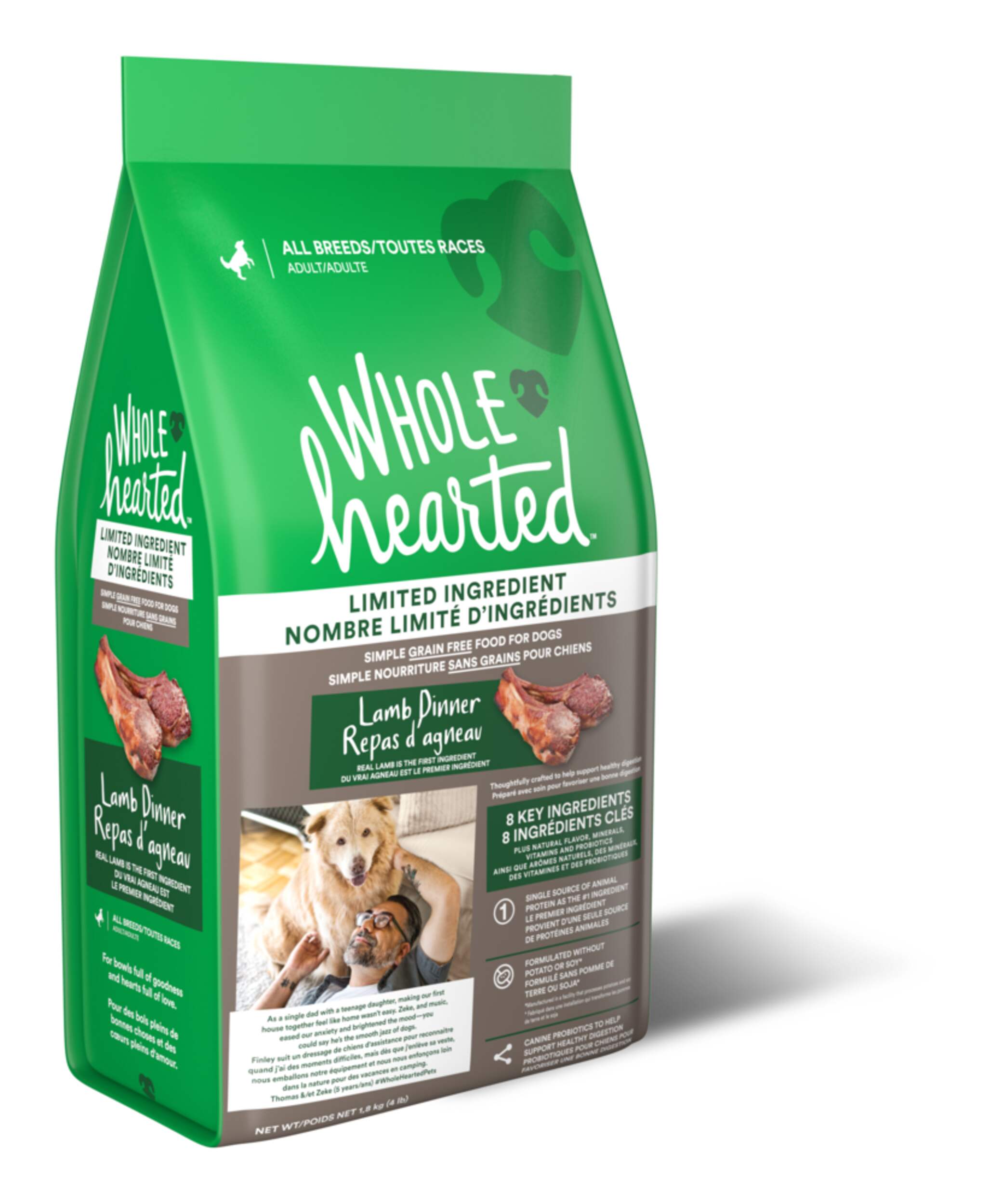 Nourriture sèche pour chiens à tous les stades de vie de toutes races WholeHearted sans grains à nombre limité d'ingrédients, repas d'agneau, 1,81 kg Front_Angled_Right