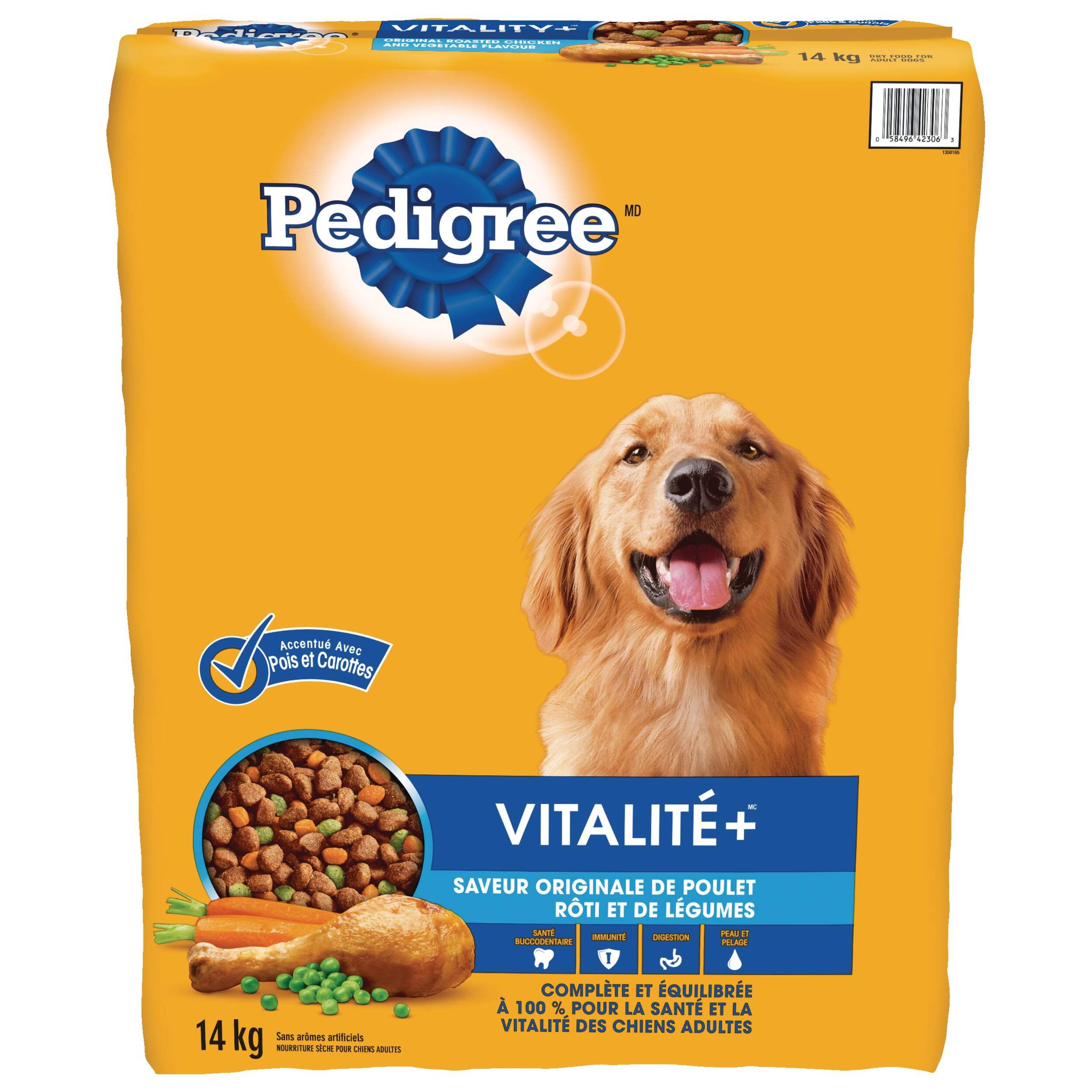 Nourriture sèche pour chiens adultes Pedigree Vitalité+ original poulet rôti et légumes, 14 kg Front_Flat