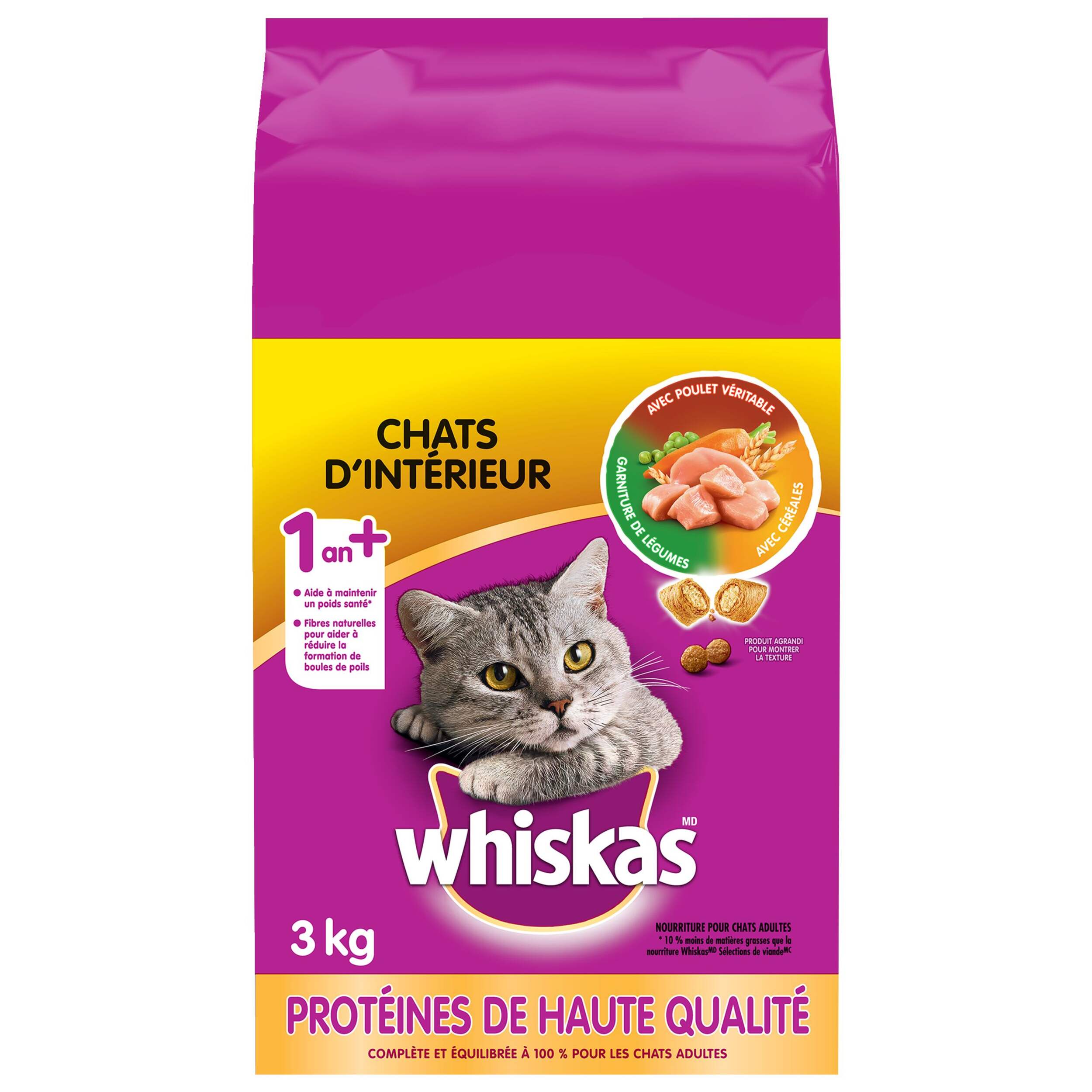 Nourriture sèche pour chats d'intérieur Whiskas avec vrai poulet, 3 kg Front_Flat