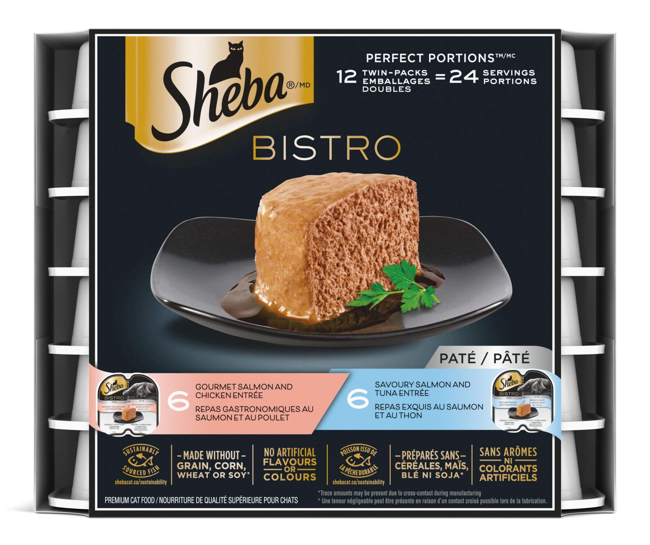 Nourriture humide pour chats adultes SHEBA Perfect Portions, poulet et saumon/saumon et thon, 2 saveurs, 12 x 75 g Overhead_Flat