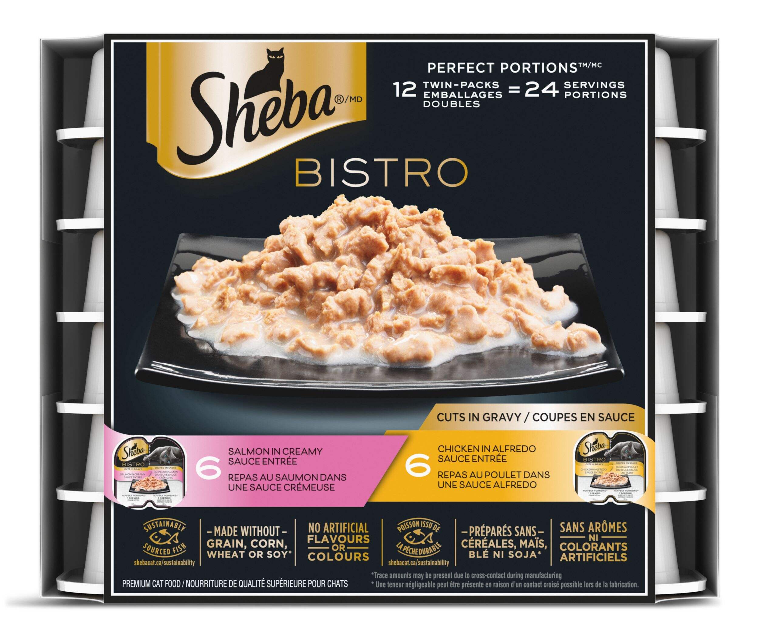 SHEBA Perfect Portions Creamy Chicken/Creamy Salmon Adult Wet Cat Food, 2 Flavours, 12 x 75-g Overhead_Flat