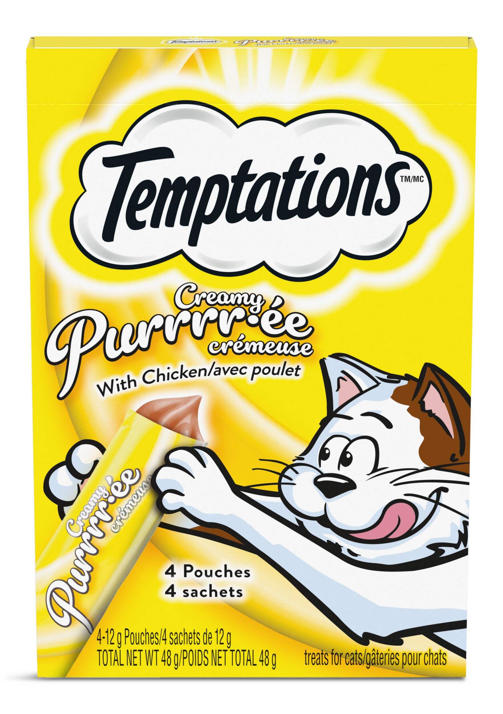 Gâteries pour chats Temptations Purée crémeuse à lécher avec poulet, gâteries humides, 4 x 12 g Front_Flat