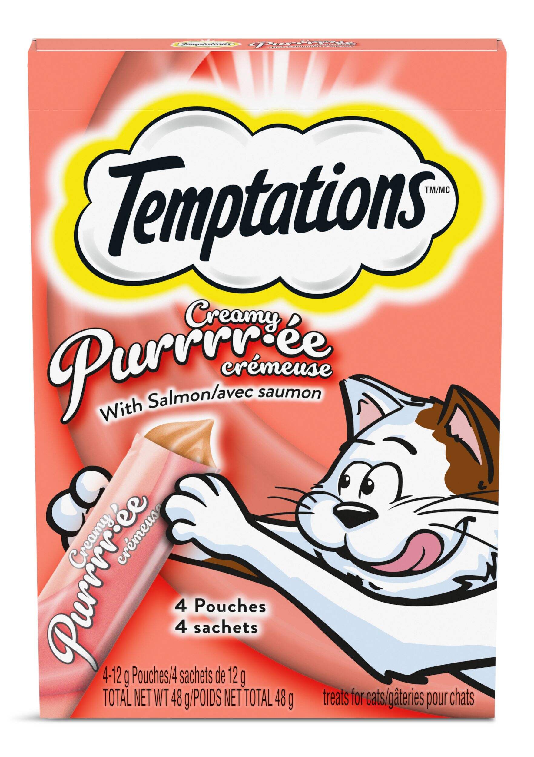 Temptations Creamy Puree Salmon Lickable Cat Treat Pouches, Wet Treats, 4 x 12-g Front_Flat