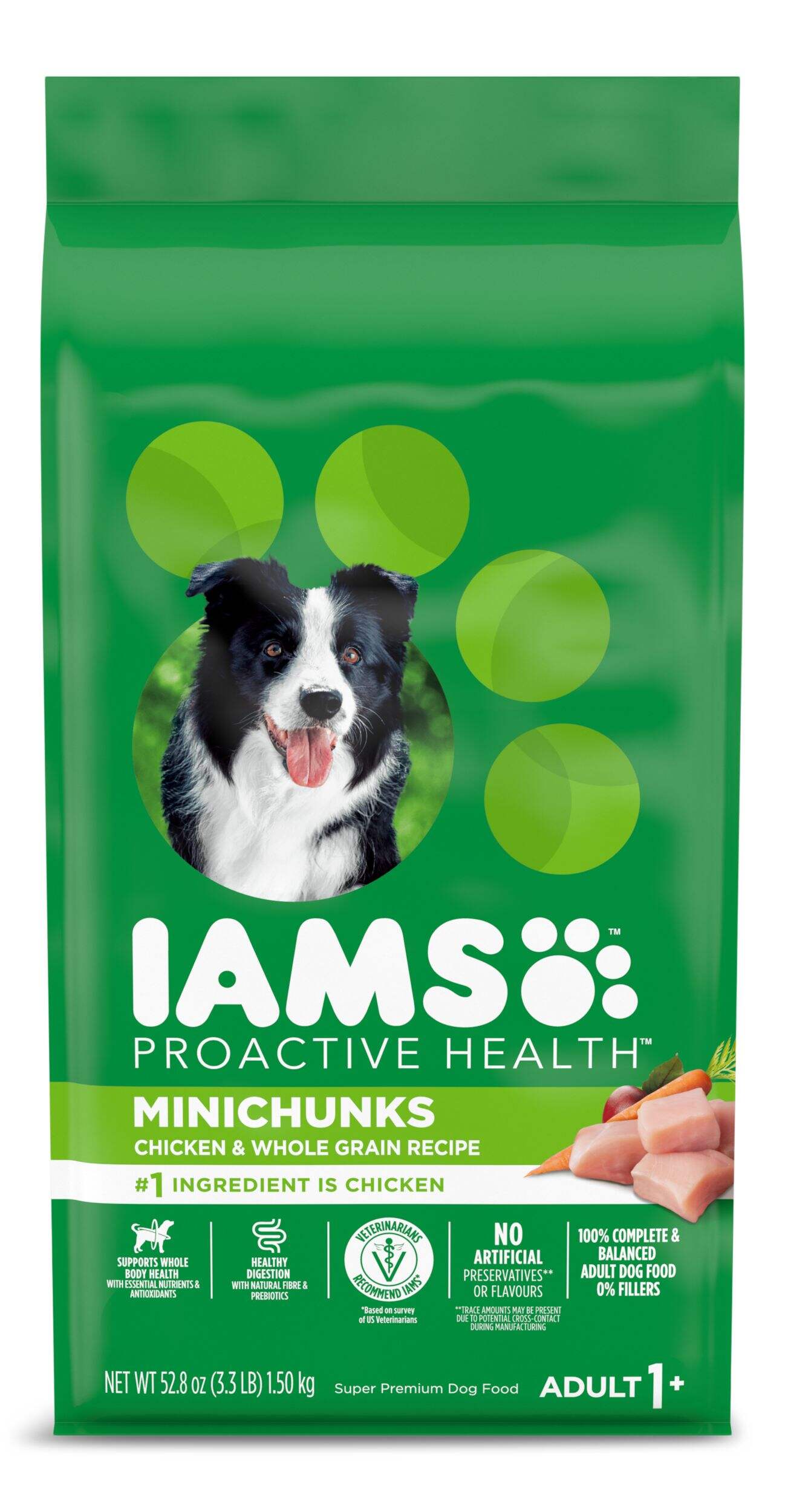 IAMS Proactive Health Mini Chunks Adult Dry Dog Food, Chicken & Whole Grain Recipe, 1.5-kg Front_Flat