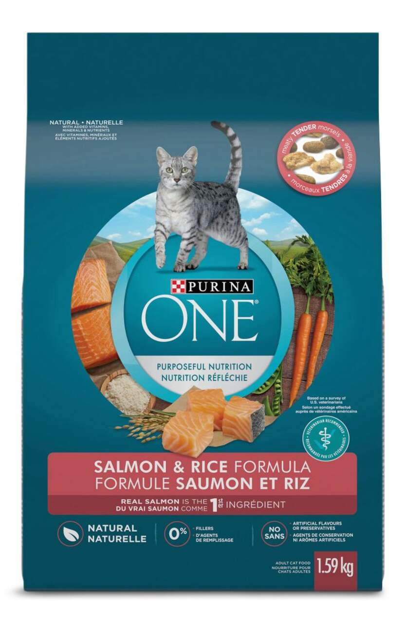 Nourriture sèche/croquettes pour chats adultes Purina One, saumon et riz,  délicieuse et riche en nutriments, 1,59 kg