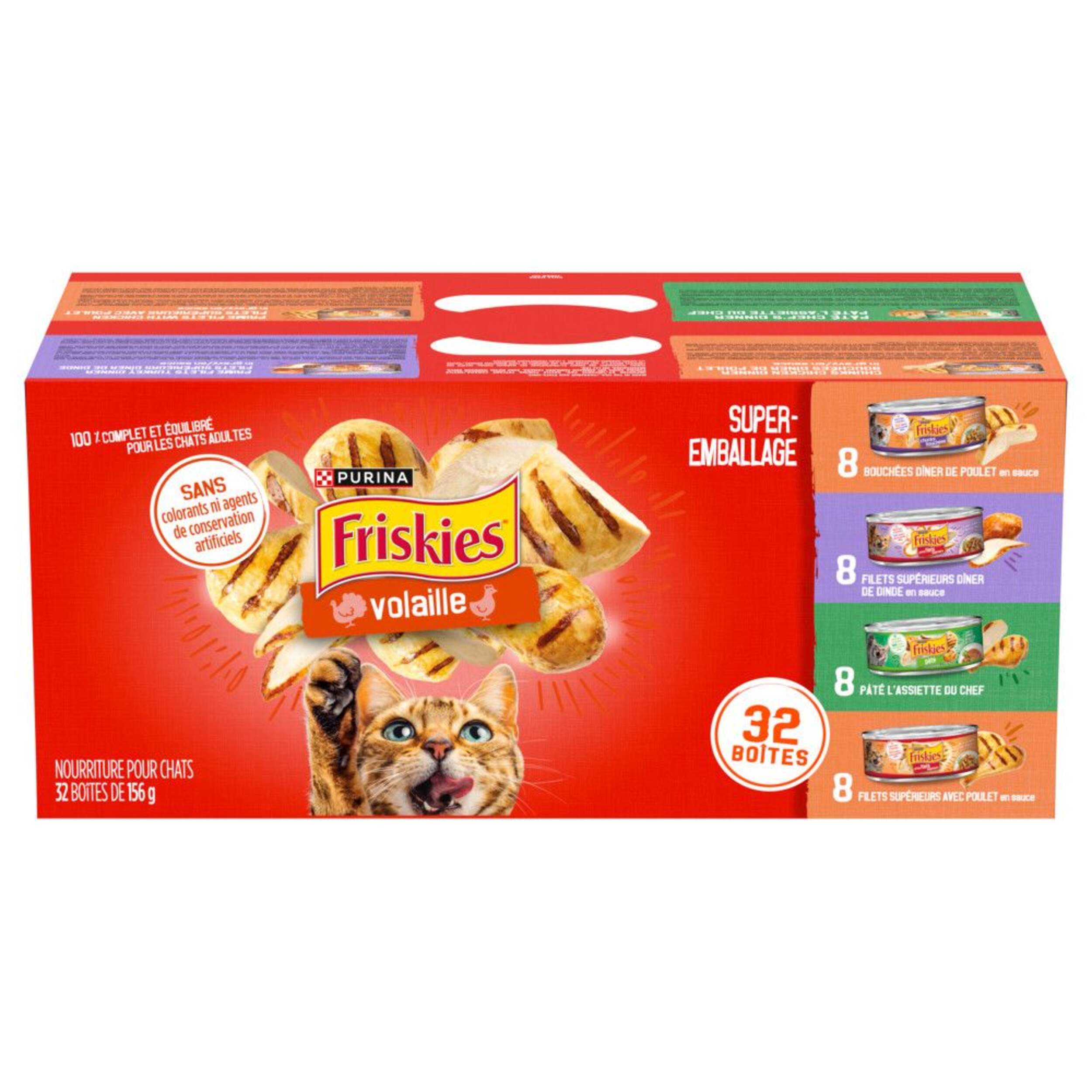 Purina Friskies Poultry Pleasers Variety Pack Adult Wet Cat Food, 4 Unique Flavours, 32 x 156-g Front_Elevated