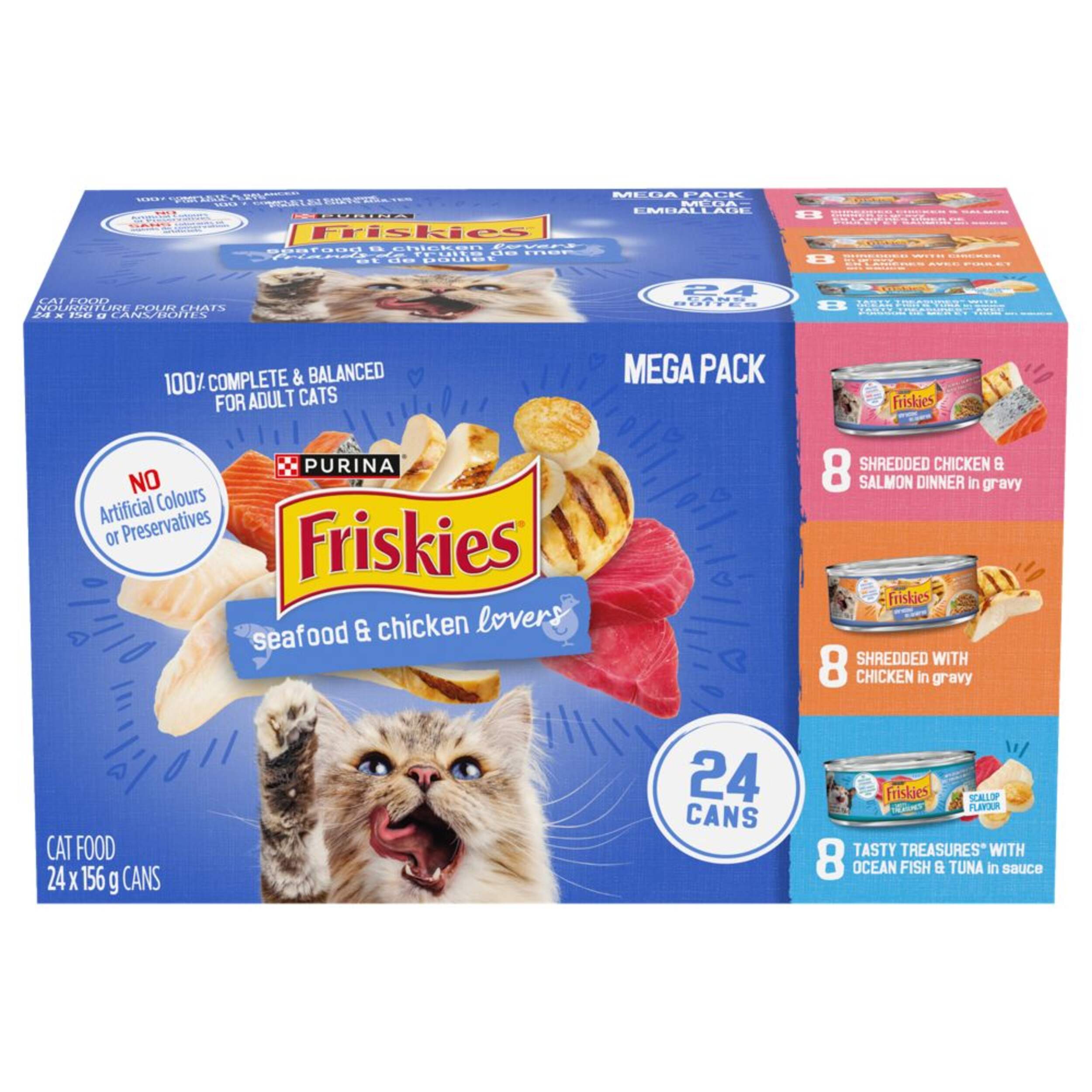 Purina Friskies Seafood and Chicken Lovers Variety Mega Pack Adult Wet Cat Food, 3 Unique Flavours, 24 x 156-g Front_Elevated
