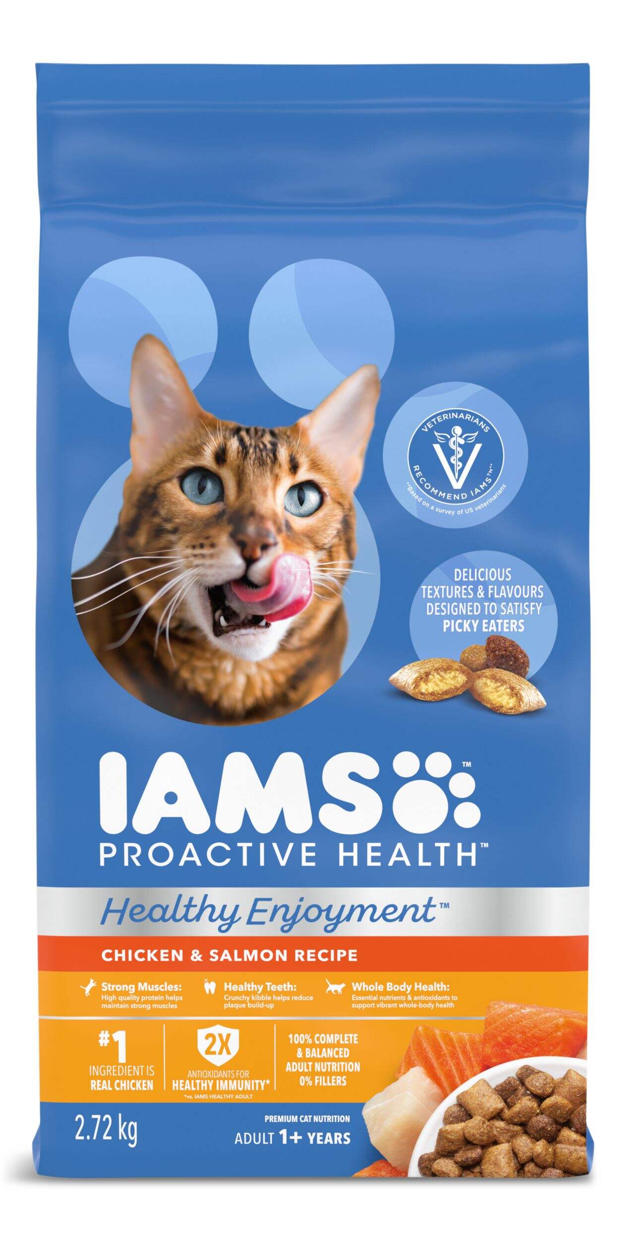IAMS ProactiveHealth Healthy Enjoyment Chicken and Salmon Adult Dry Cat Food, High Protein, 2.72-kg Front_Flat